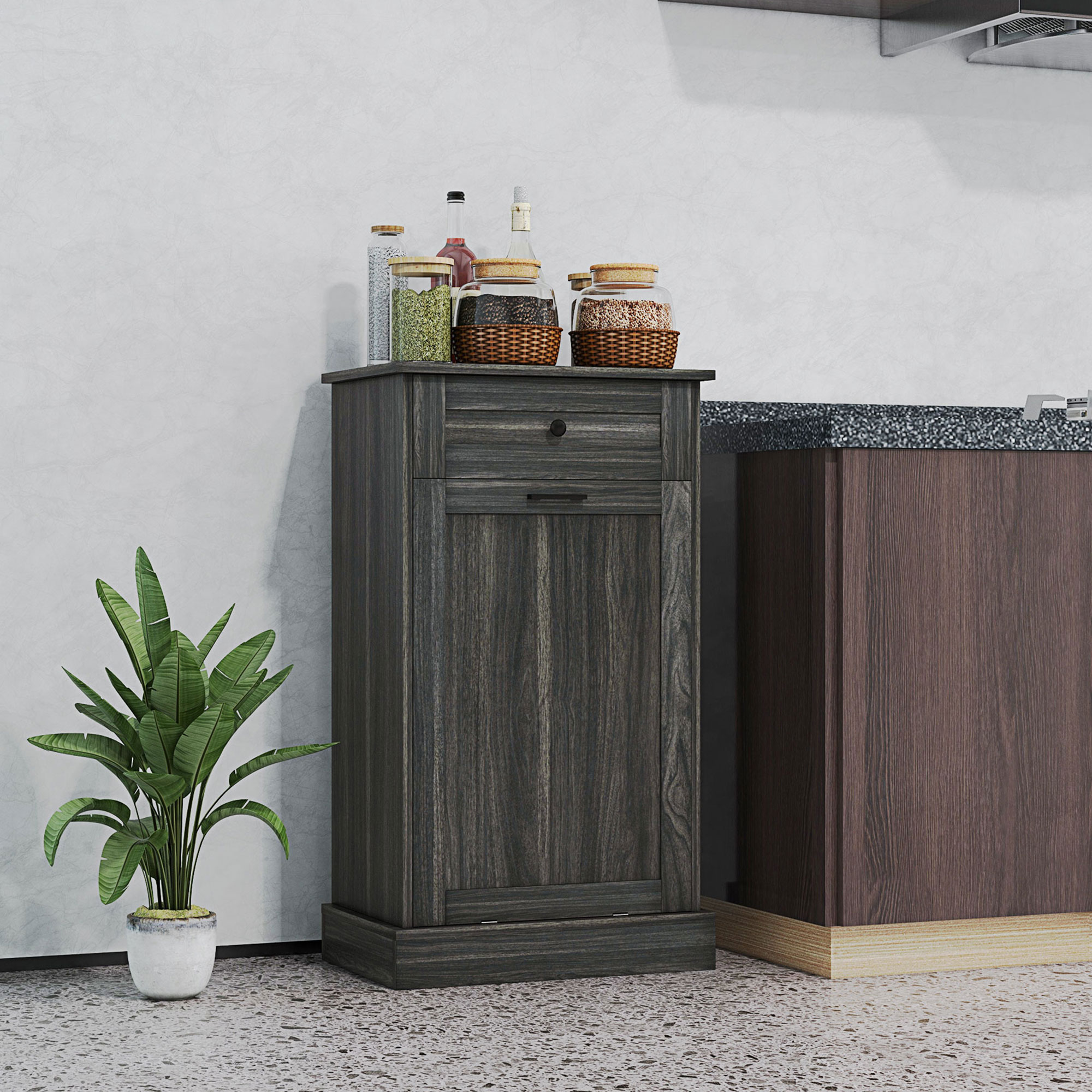 HOMCOM Kitchen Tilt Out Trash Bin Cabinet, Free Standing Recycling Cabinet, Trash Can Holder with Drawer, Charcoal Grey Aosom Canada