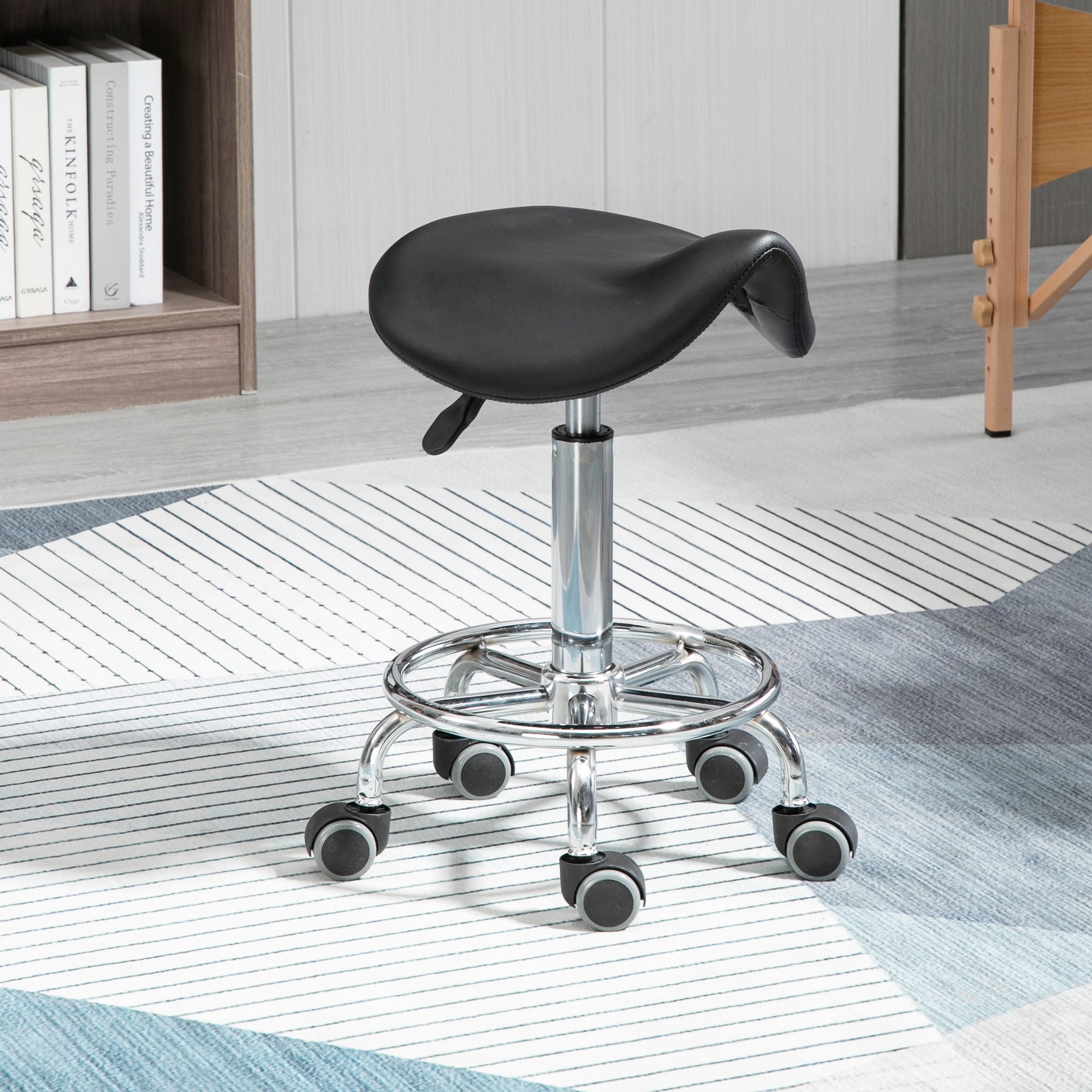 HOMCOM Saddle Stool PU Leather Adjustable Rolling Salon Chair Black for Massage Spa Clinic Beauty Tattoo Aosom Canada