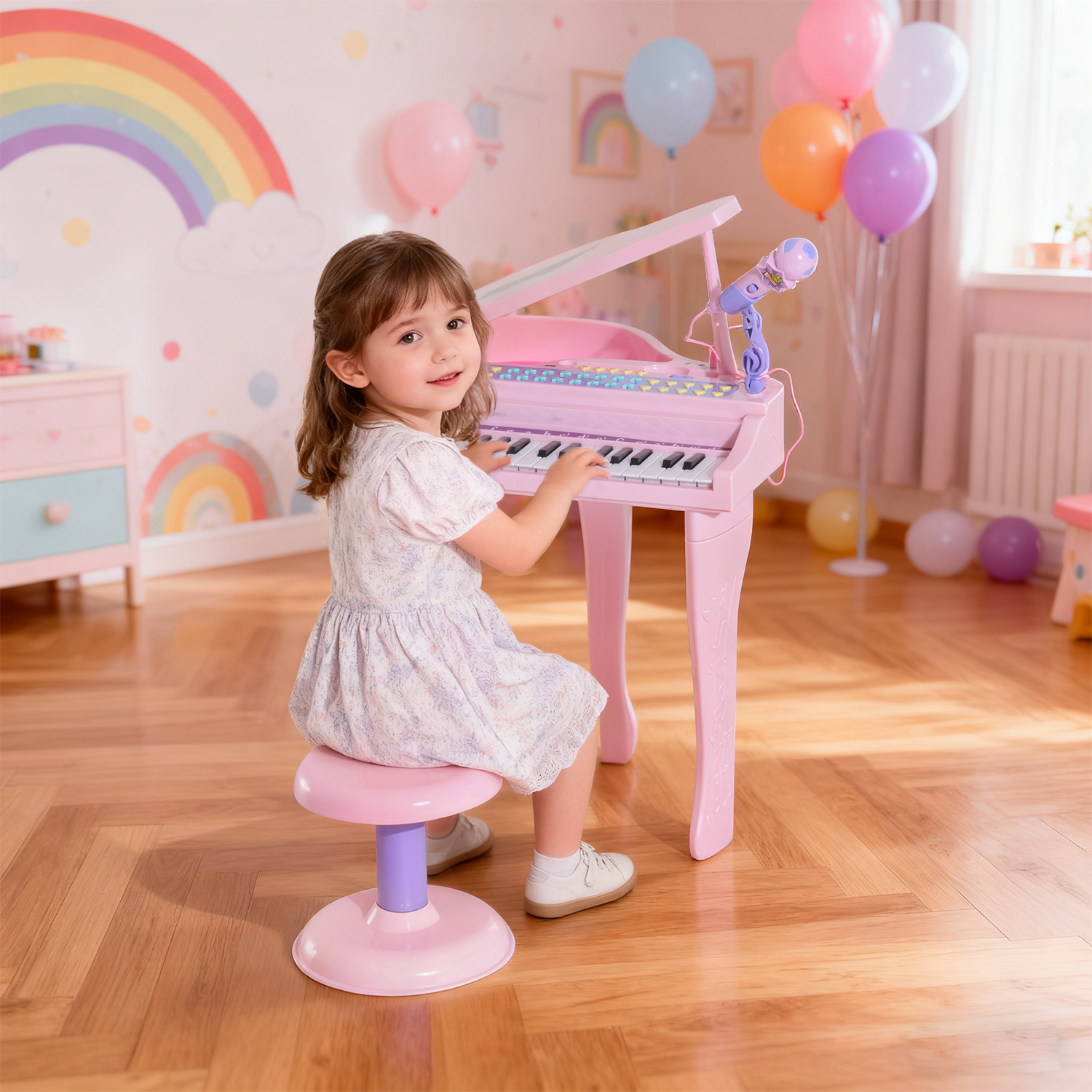 Qaba Mini Electronic Piano: 37-Key Keyboard, Multifunctional Musical Toy with Microphone, Stool for Kids - Pink Aosom Canada