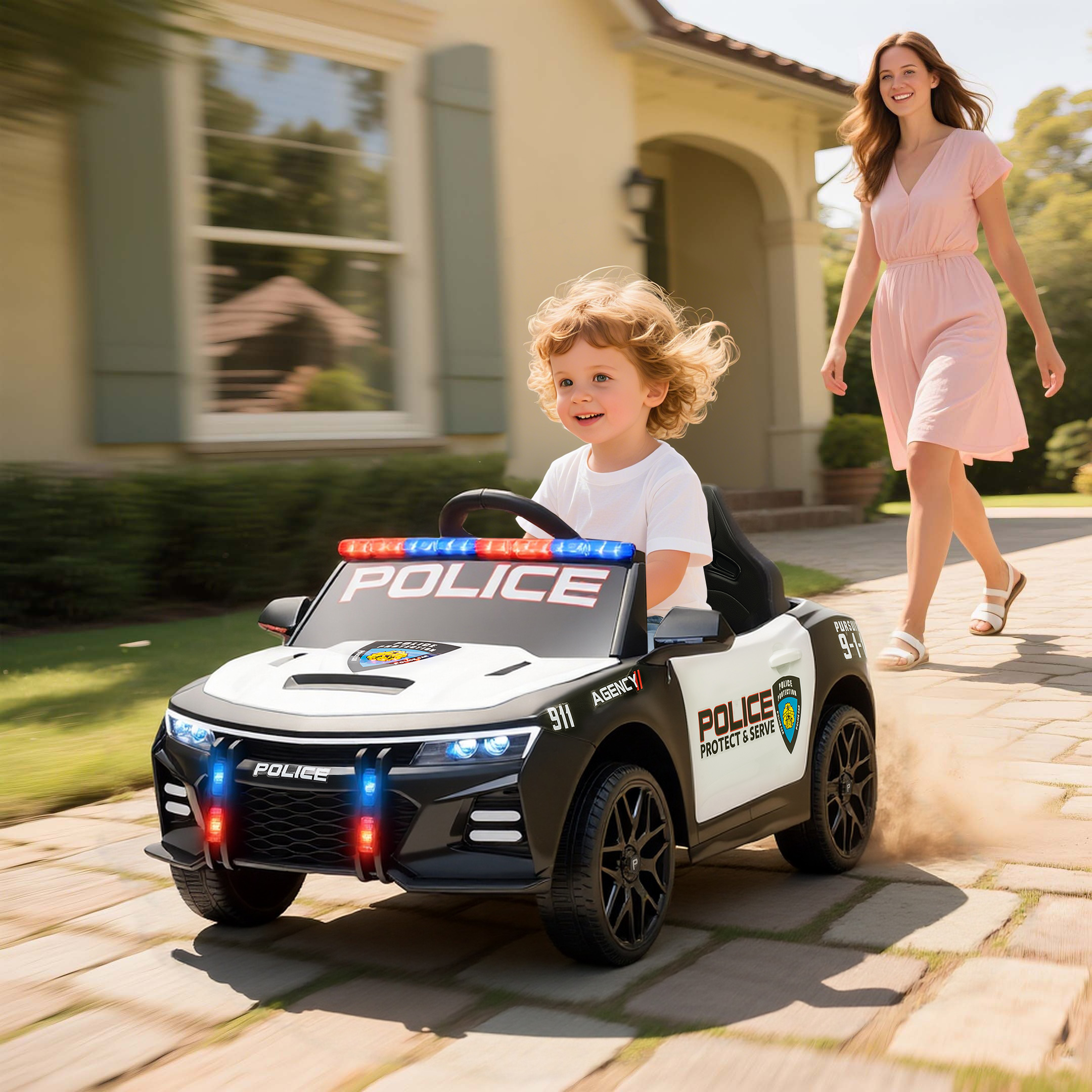 Qaba Kids Electric Ride on Police Car with Remote Control, Sirens, Flashing Lights, Music, Horn, Shock Absorbers, White Aosom Canada