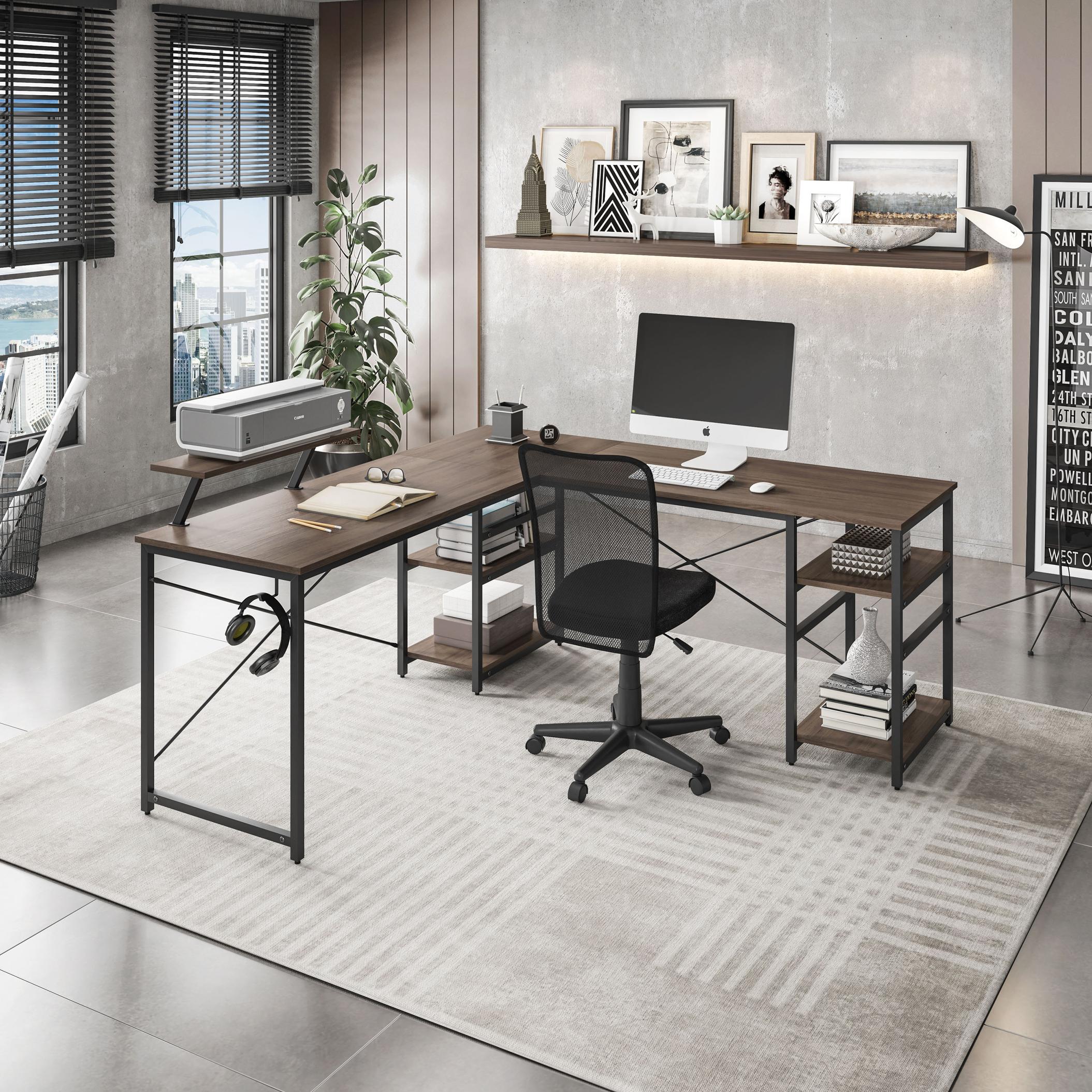 RTA Furniture Products "Industrial L-Shaped Desk with Raised Monitor Stand, Modern Corner Computer Workstation for Home Office, 59"" L x 59"" W x 35"" H, Walnut | Aosom.com" - $300.99 at Aosom US
