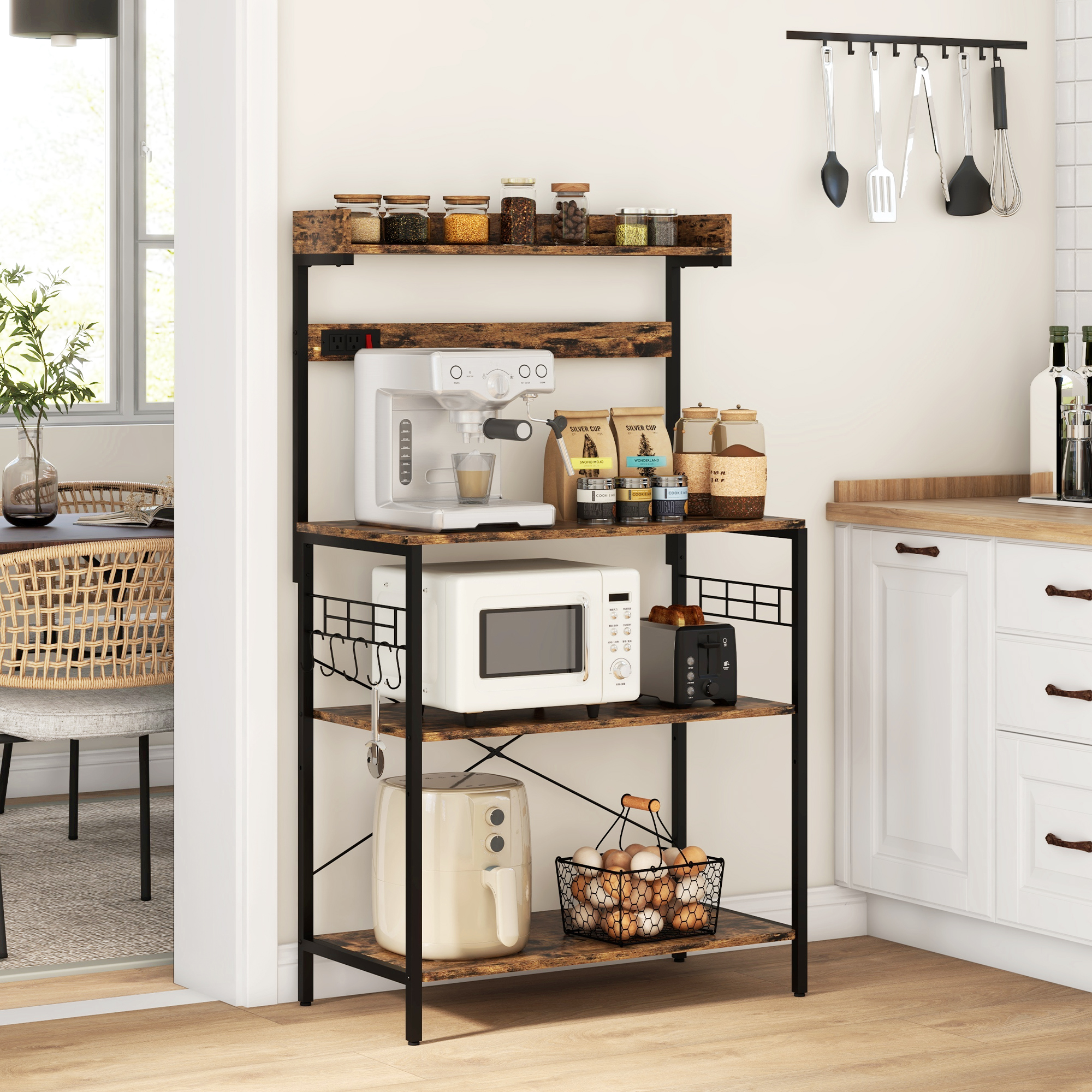 HOMCOM Baker's Rack with Power Outlet Coffee Bar Station Adjustable Shelves Hooks Rustic Brown Metal Wood Aosom Canada