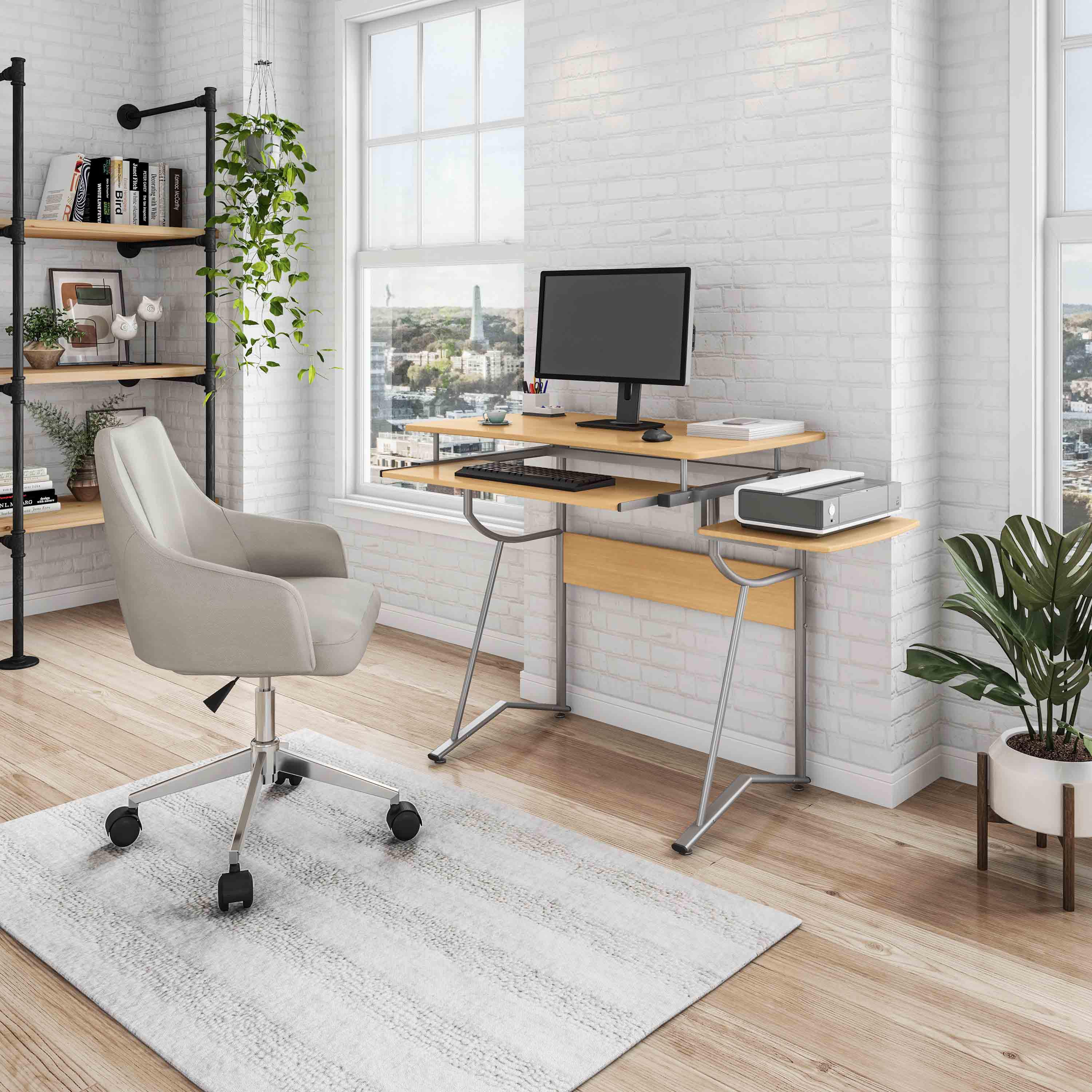 Compact Computer Desk with Slide-Out Keyboard Tray and Printer Shelf, Modern Writing Table for Home Office, 43" L x 19.5" W x 30" H, Cherry