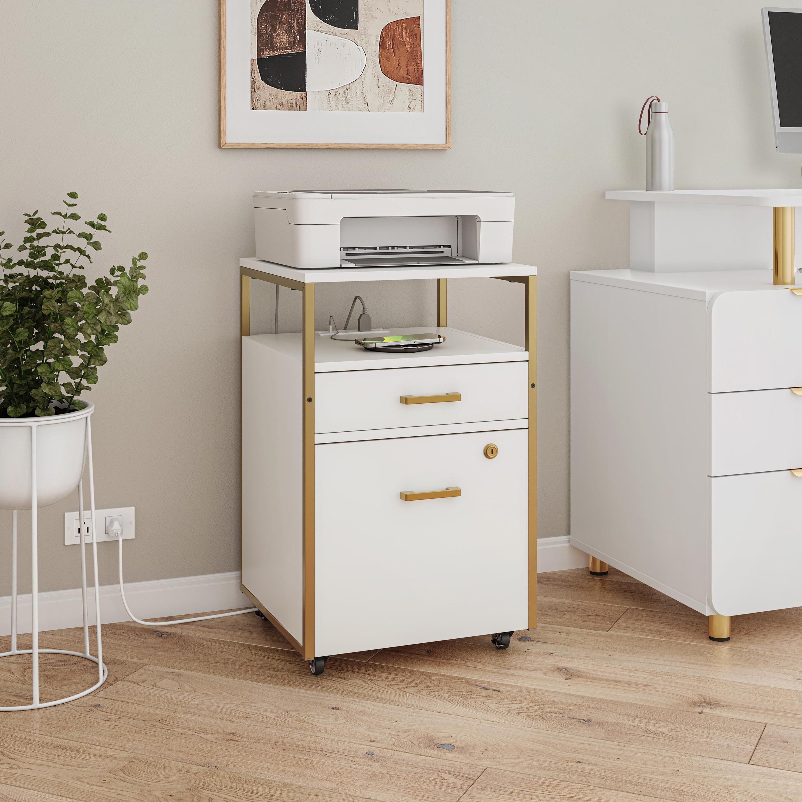 Modern File Cabinet with 2 USB and Power Outlet Port, Perfect Storage Unit for Home Offices or Workspaces, 15.5" L x 15.5" W x 26" H, White+Gold