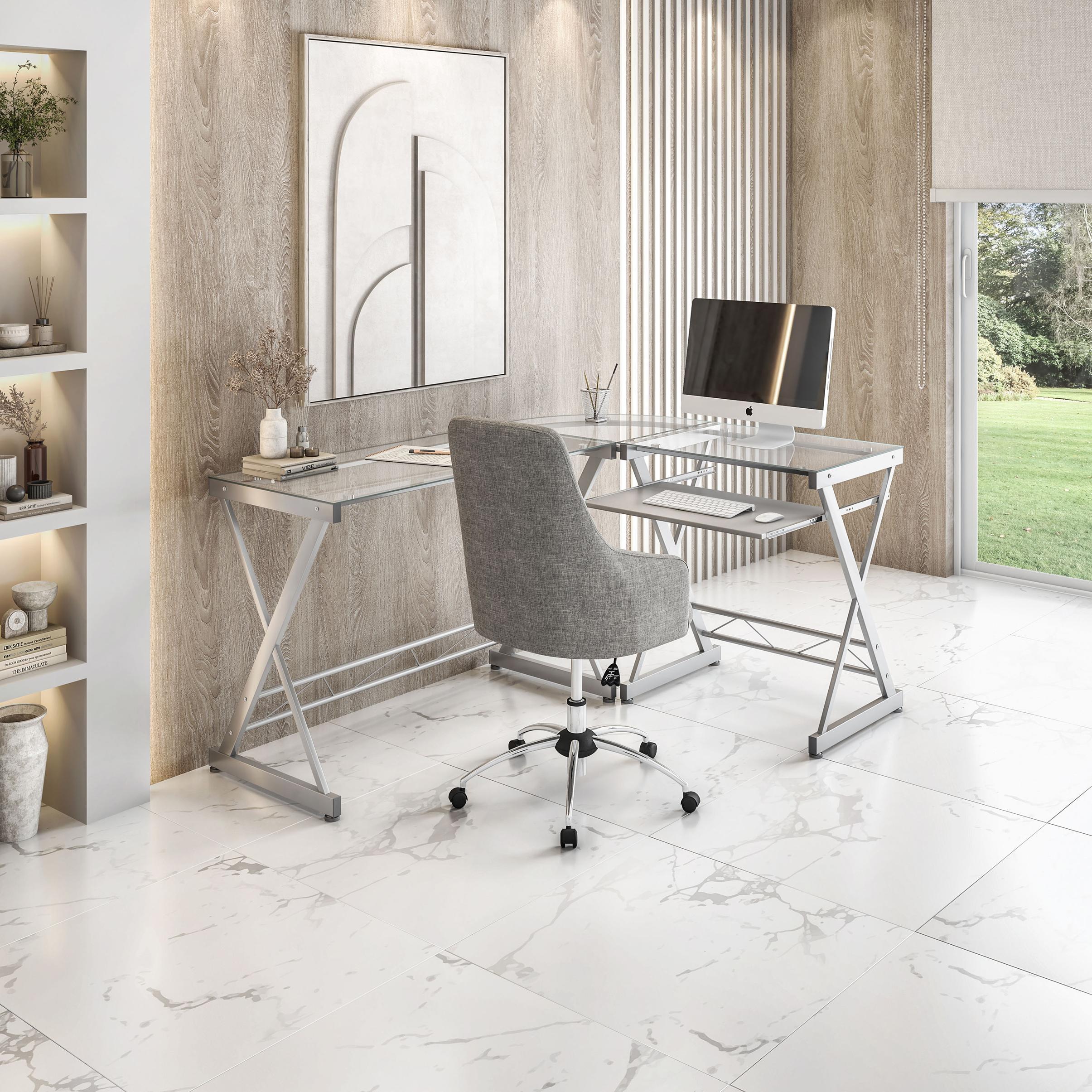 Sleek L-Shaped Computer Desk with Tempered Glass Top, Reversible Corner Workstation Table for Home Office, 61.5" L x 45" W x 29.5" H, Clear