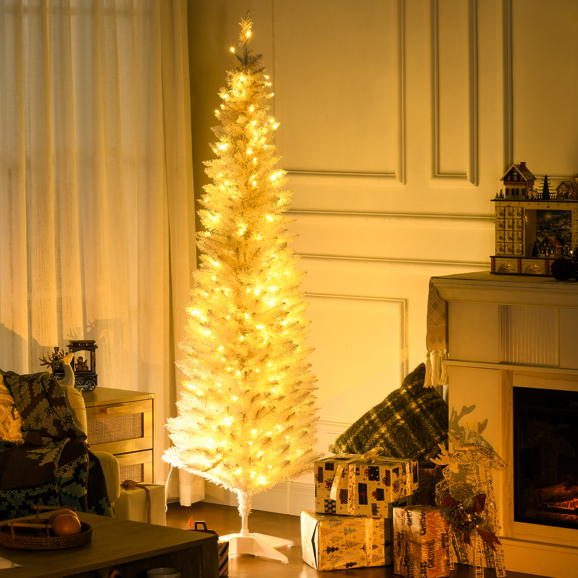 HOMCOM 6' Pre Lit Artificial Pencil Christmas Trees, Xmas Tree with Realistic Branches and Warm White LED Lights, White Aosom Canada