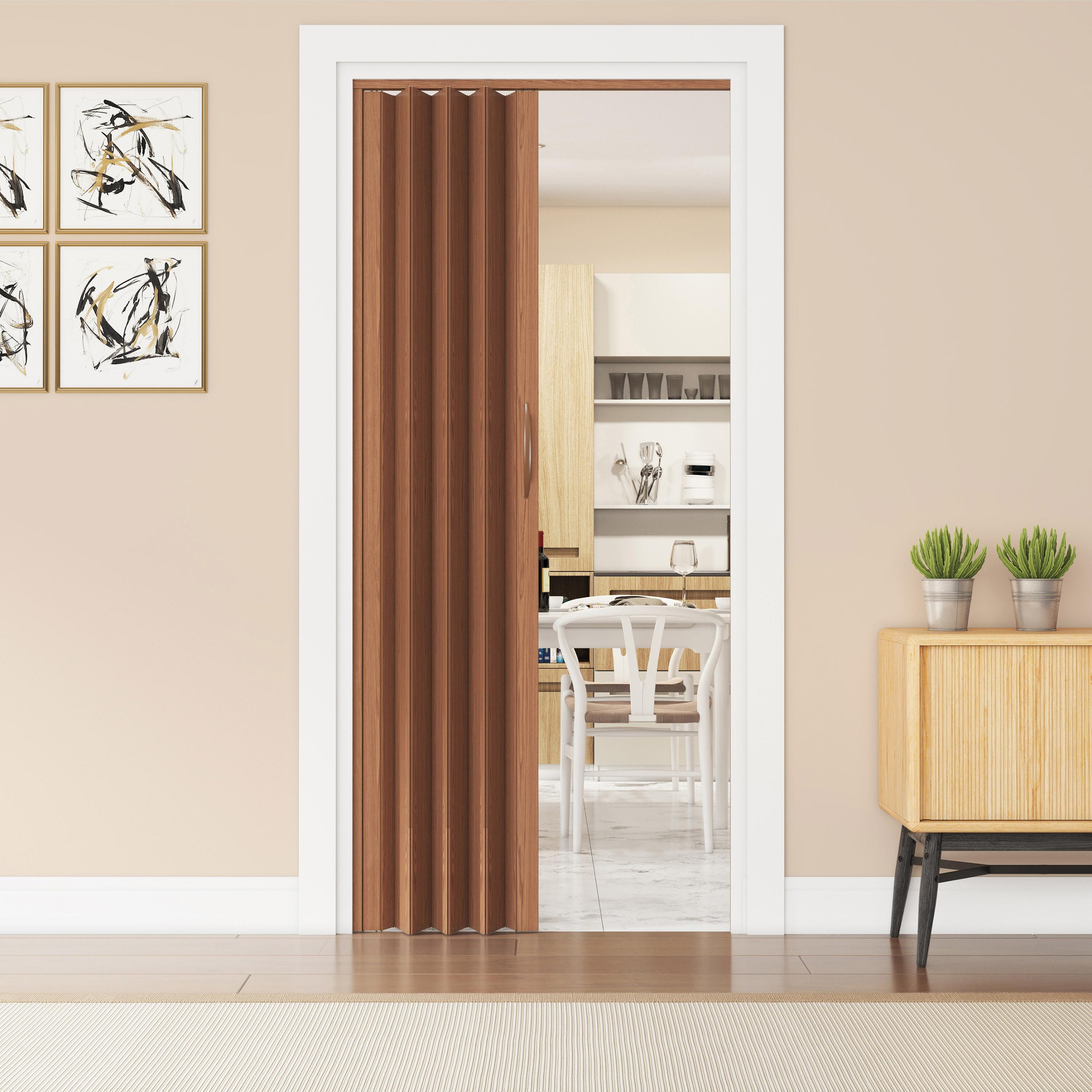 Modern Foldable Accordion Door with Double-Walled Panels, Space-Saving Interior PVC Sliding Door for Bedroom and Closet, 48" L x 1" W x 80" H, Walnut