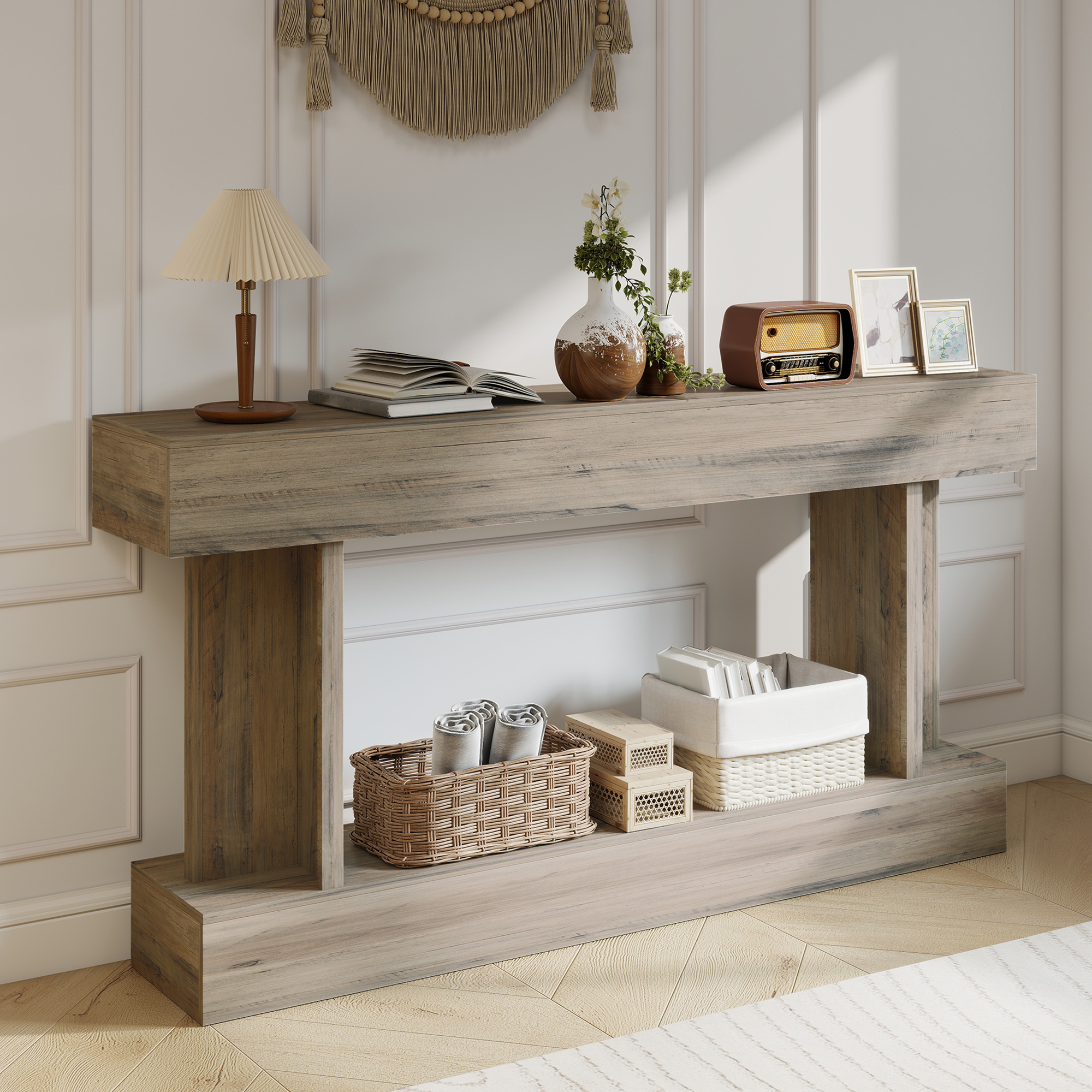 HOMCOM 63 Inch Long Console Table, Vintage Narrow Entryway Table with Storage Shelf for Living Room and Hallway, Light Brown Aosom Canada