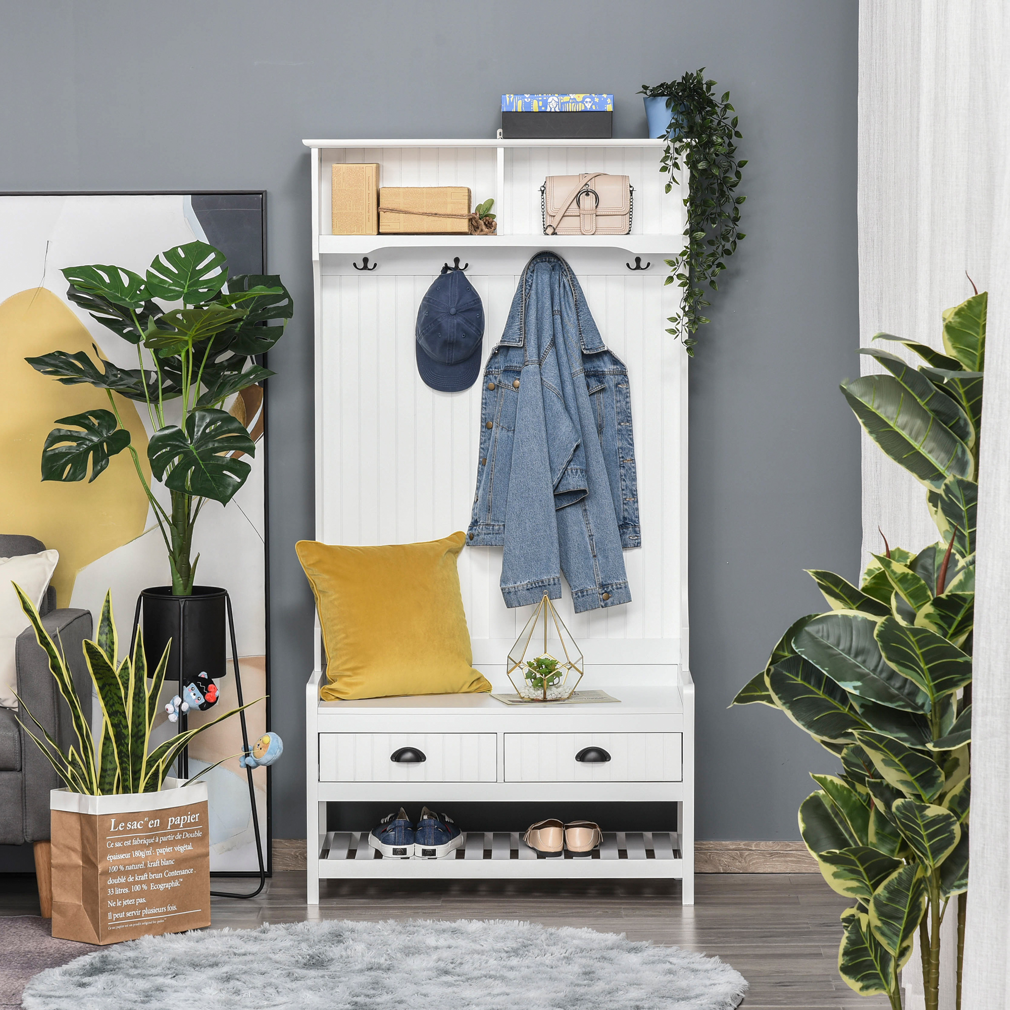 HOMCOM Hall Tree Bench: Entryway Bench with Coat Rack, Hooks, Drawer & Padded Seat, White Aosom Canada