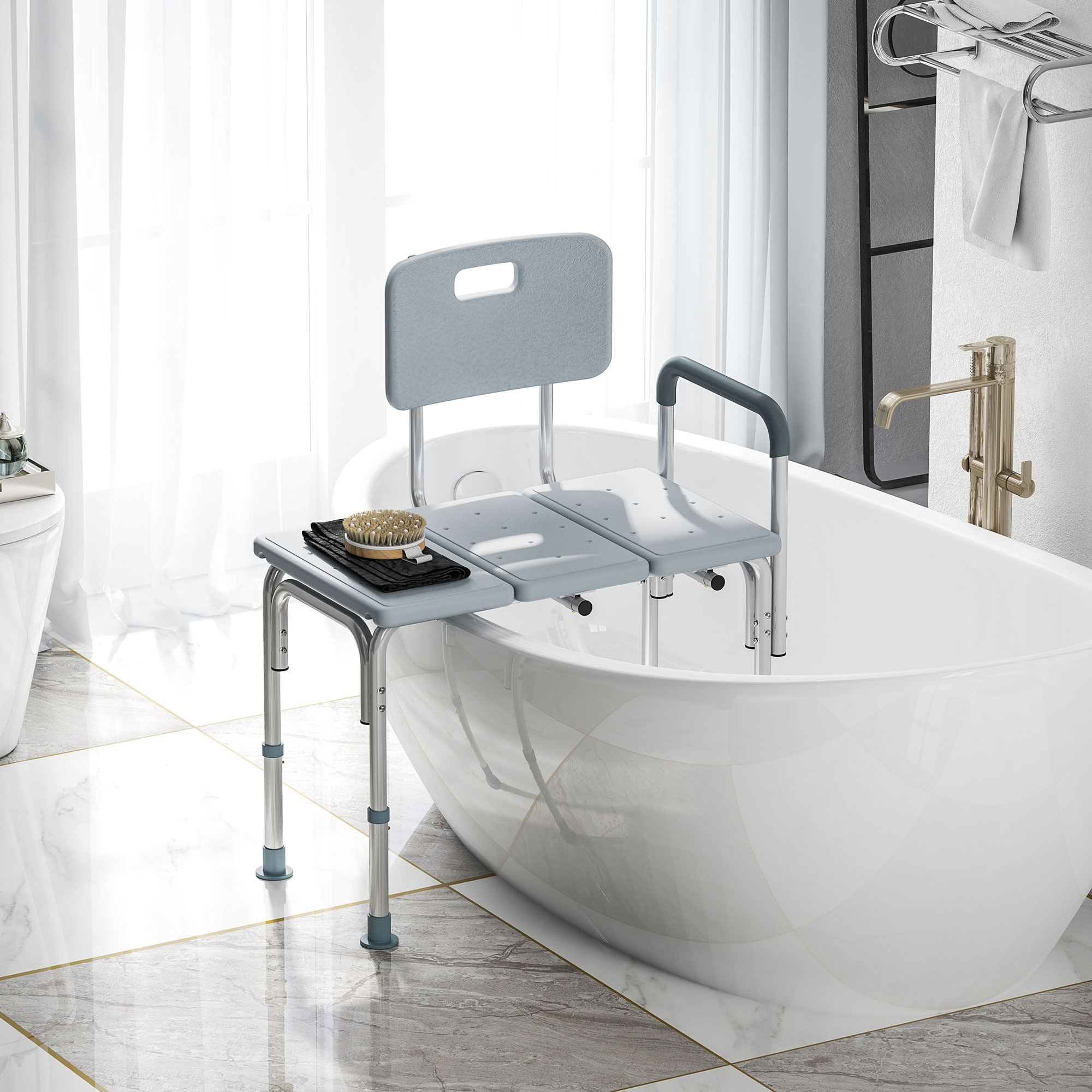 HOMCOM 6-Level Adjustable Bath and Shower Transfer Bench Aluminum Chair with Non-Slip Feet, Armrest & Backrest Grey Aosom Canada