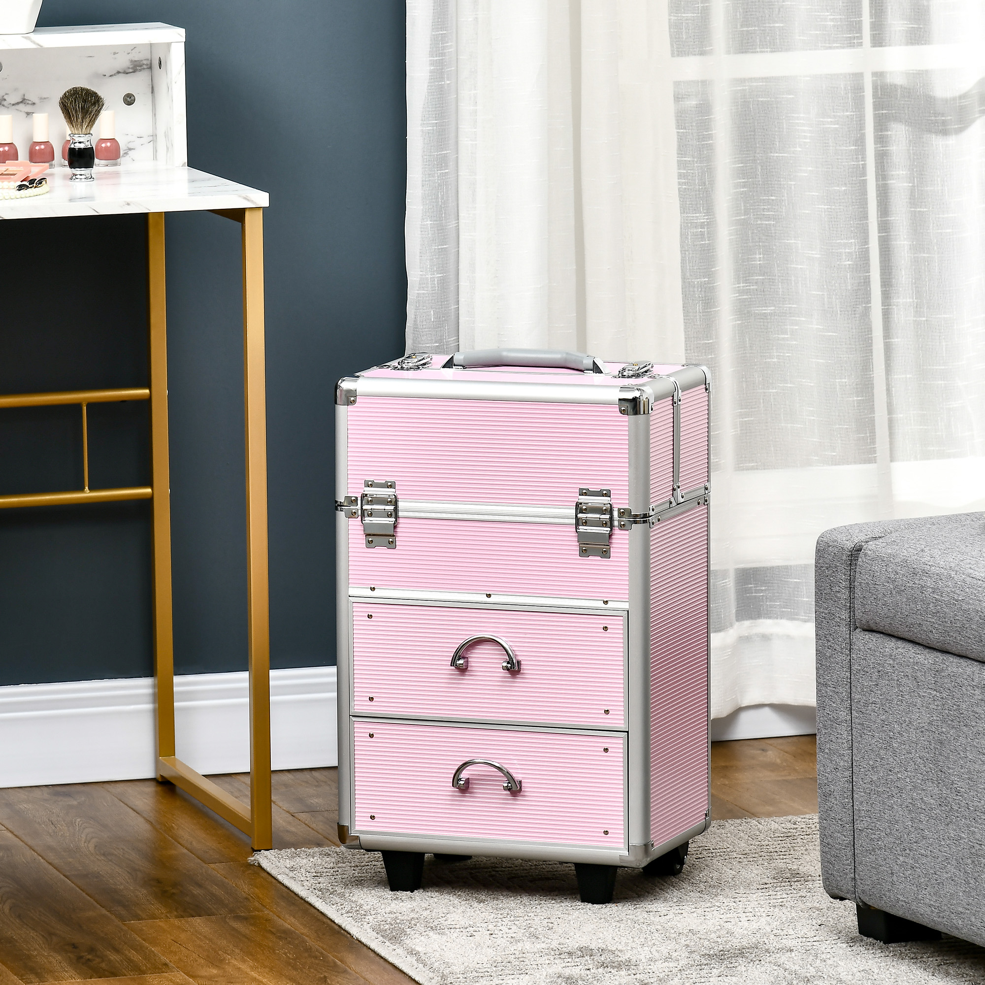 HOMCOM Large Cosmetic Trolley Rolling Makeup Train Case Storage Lockable Cart Pink with Folding Trays Swivel Wheels Aosom Canada