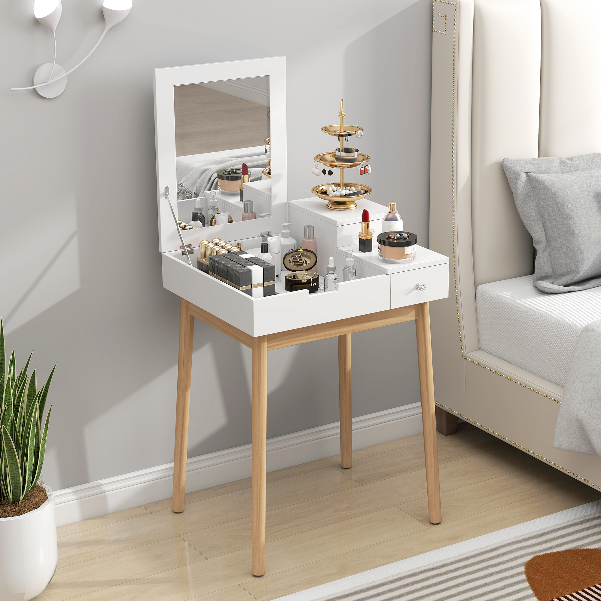 HOMCOM Dressing Table with Flip-up Mirror Modern Make Up Desk 2 Drawers Bedroom Furniture White Aosom Canada