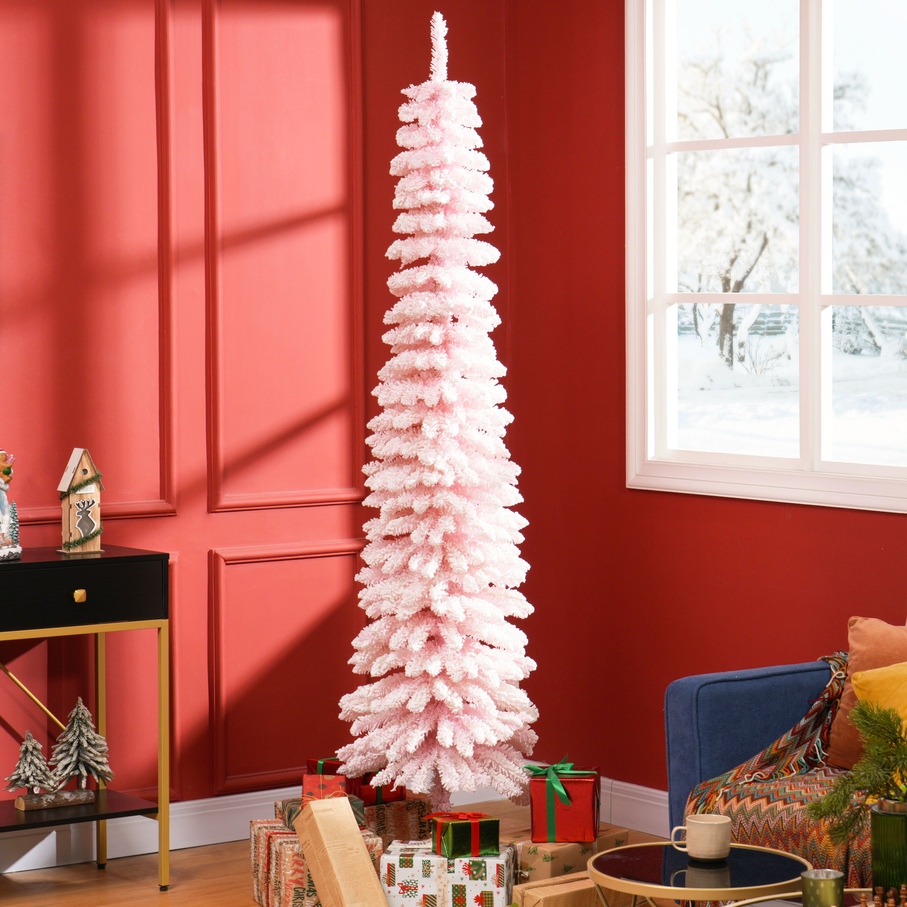 HOMCOM 7ft Snow-Flocked Artificial Christmas Tree, Slim Pencil Xmas Tree with 490 Realistic Branches, Metal Base, Pink Aosom Canada
