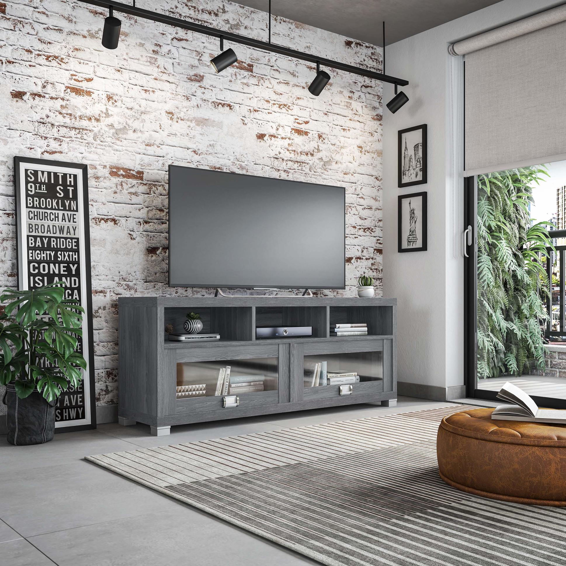 RTA Furniture Products "Sleek Durbin TV Stand with Glass Panel Cabinets, Modern Media Sideboard Cabinet for Living Room, 57"" L x 15"" W x 23"" H, Grey | Aosom.com" - $250.99 at Aosom US