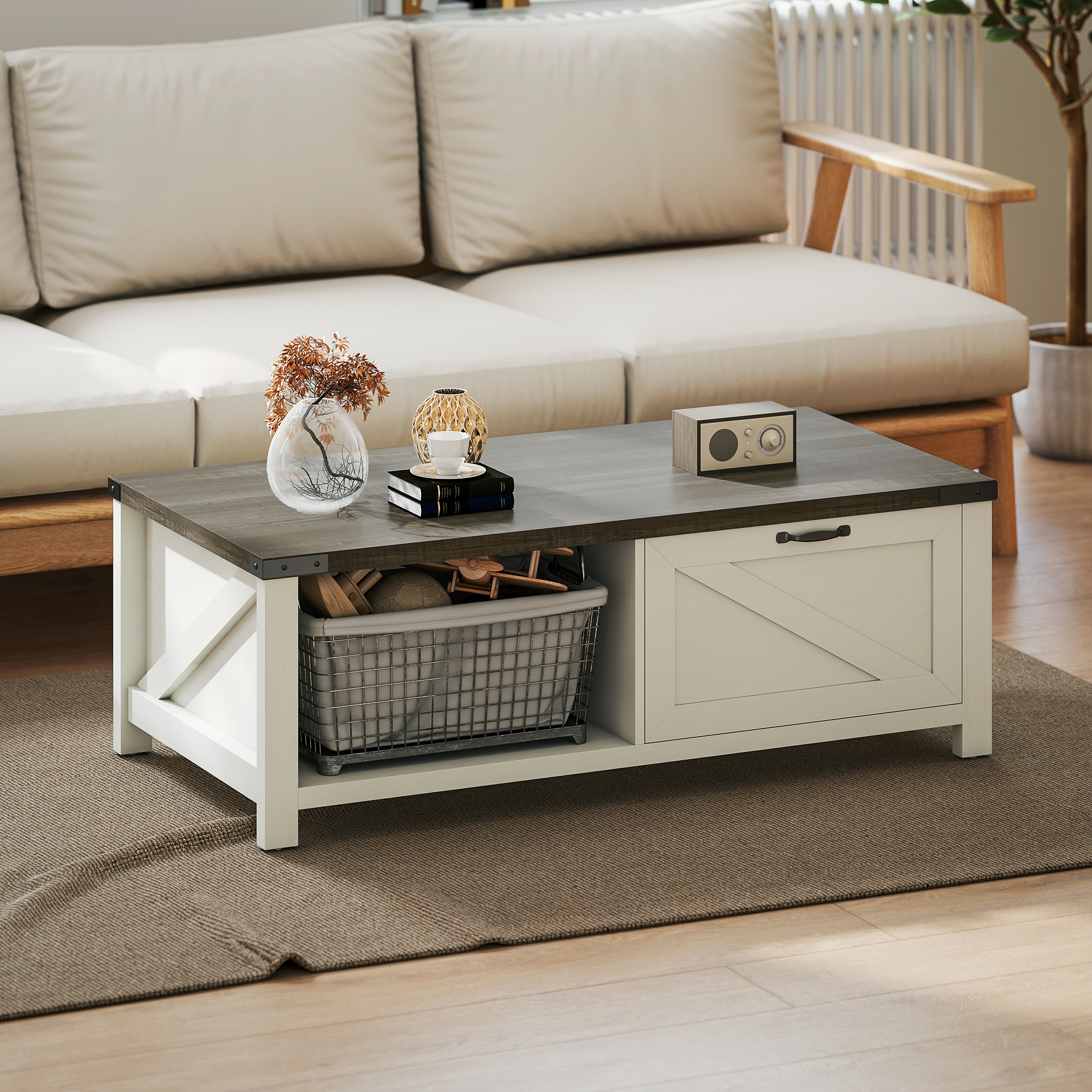 HOMCOM Farmhouse Coffee Table with Drawer, Open Storage Shelf for Living Room, Dining Room, Office, Distressed White Aosom Canada