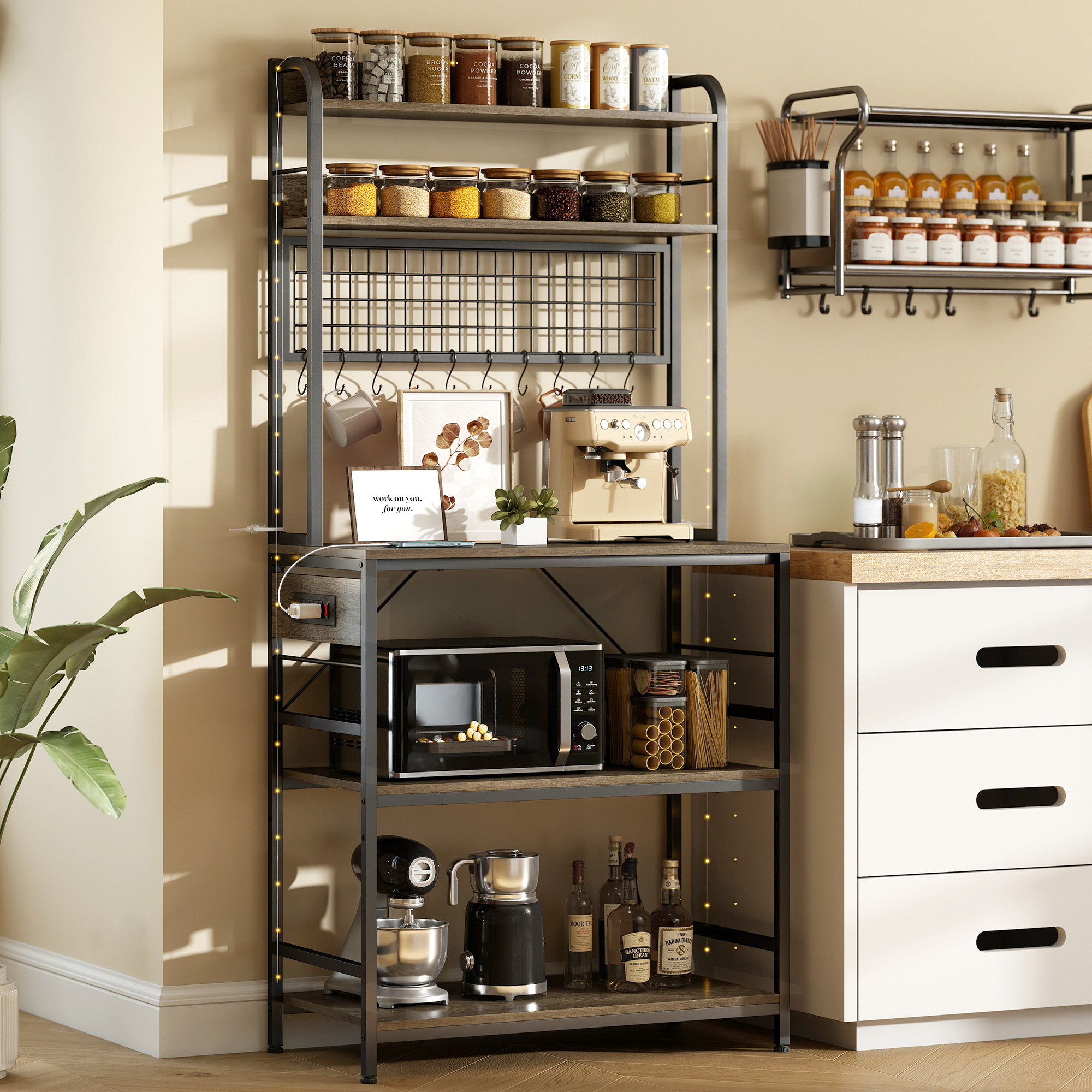 HOMCOM Kitchen Baker's Rack with Power Outlet and LED Light, 5-Tier Coffee Bar Station with 10 Hooks, Grey Aosom Canada
