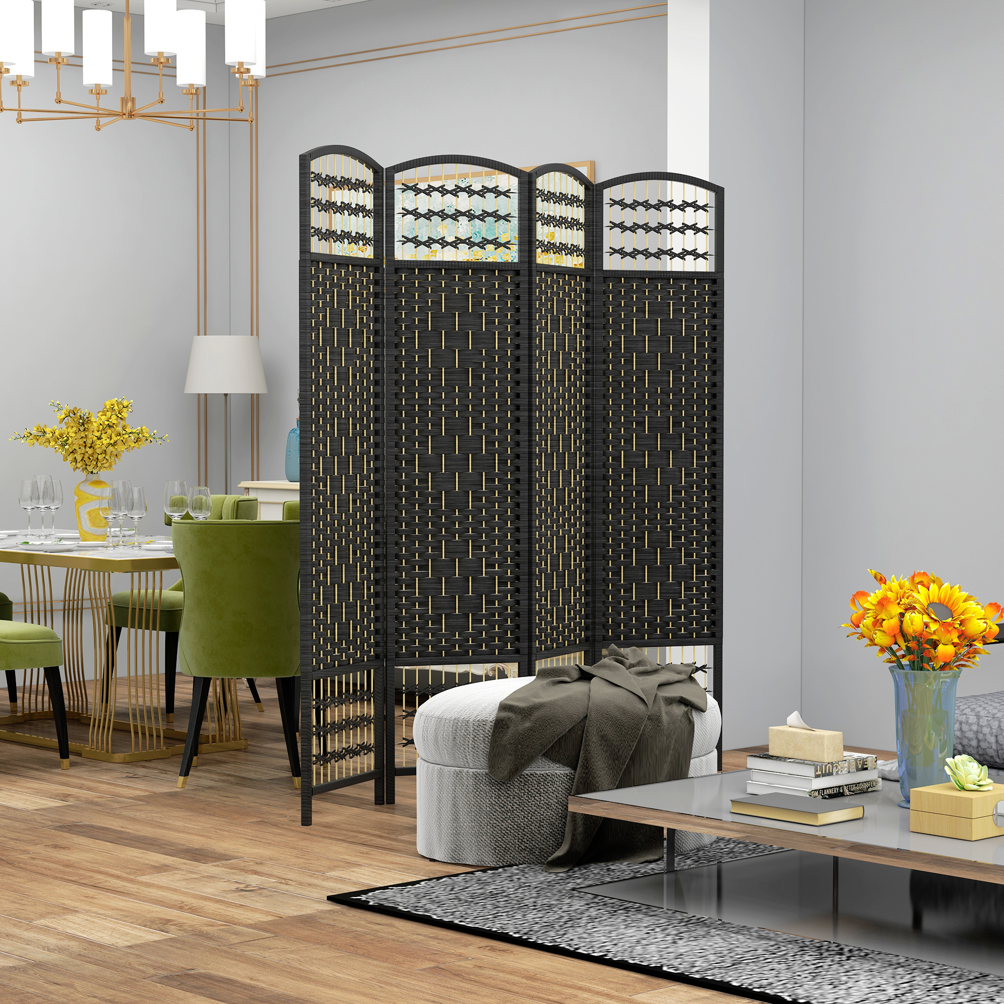HOMCOM 4-Panel Folding Room Divider, Portable Privacy Screen, Wave Fiber Room Partition for Home Office, Black Aosom Canada