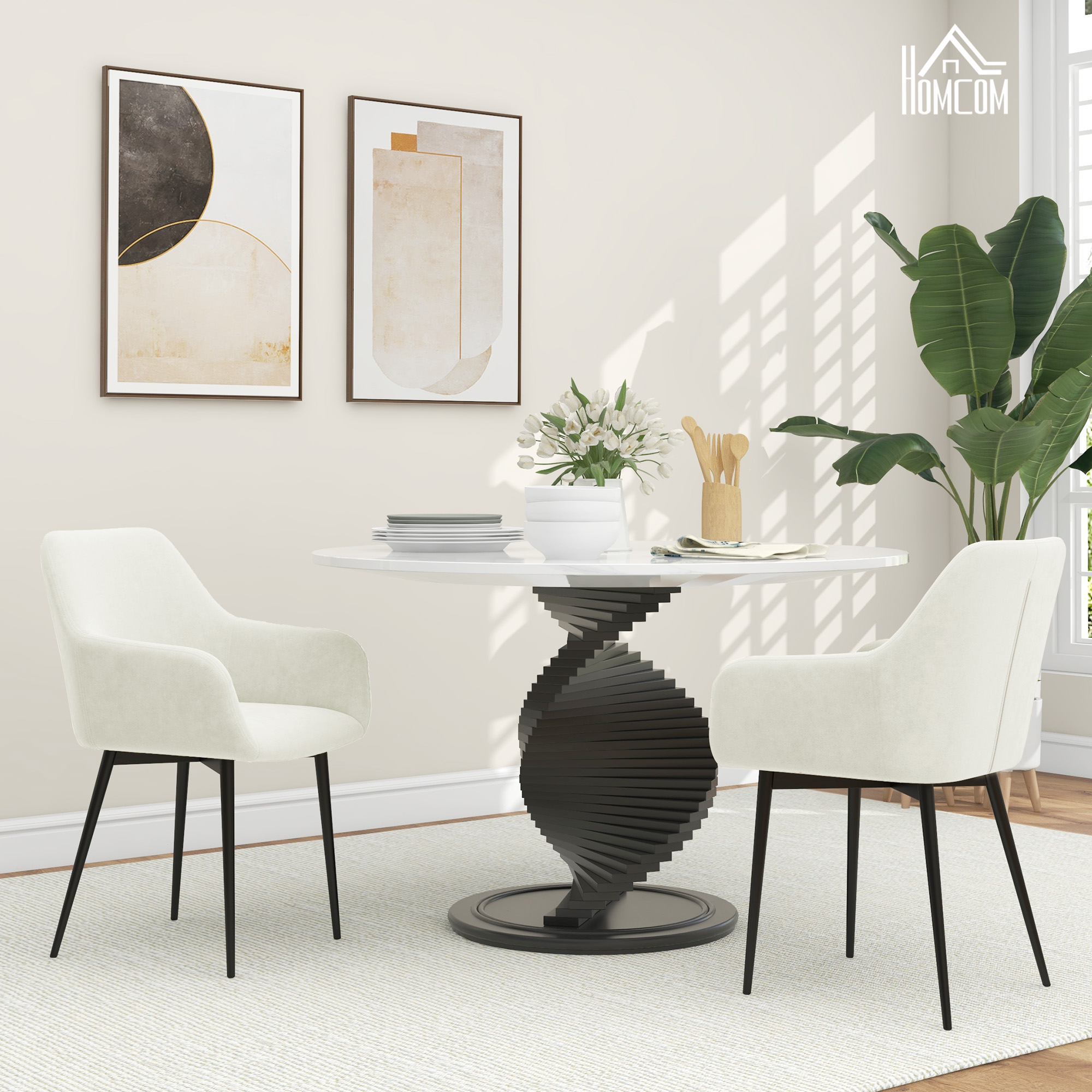 HOMCOM Dining Chairs Set of 2, Velvet-look Fabric Upholstered Kitchen Chairs with Backrest, Armrests and Steel Legs, Cream White Aosom Canada