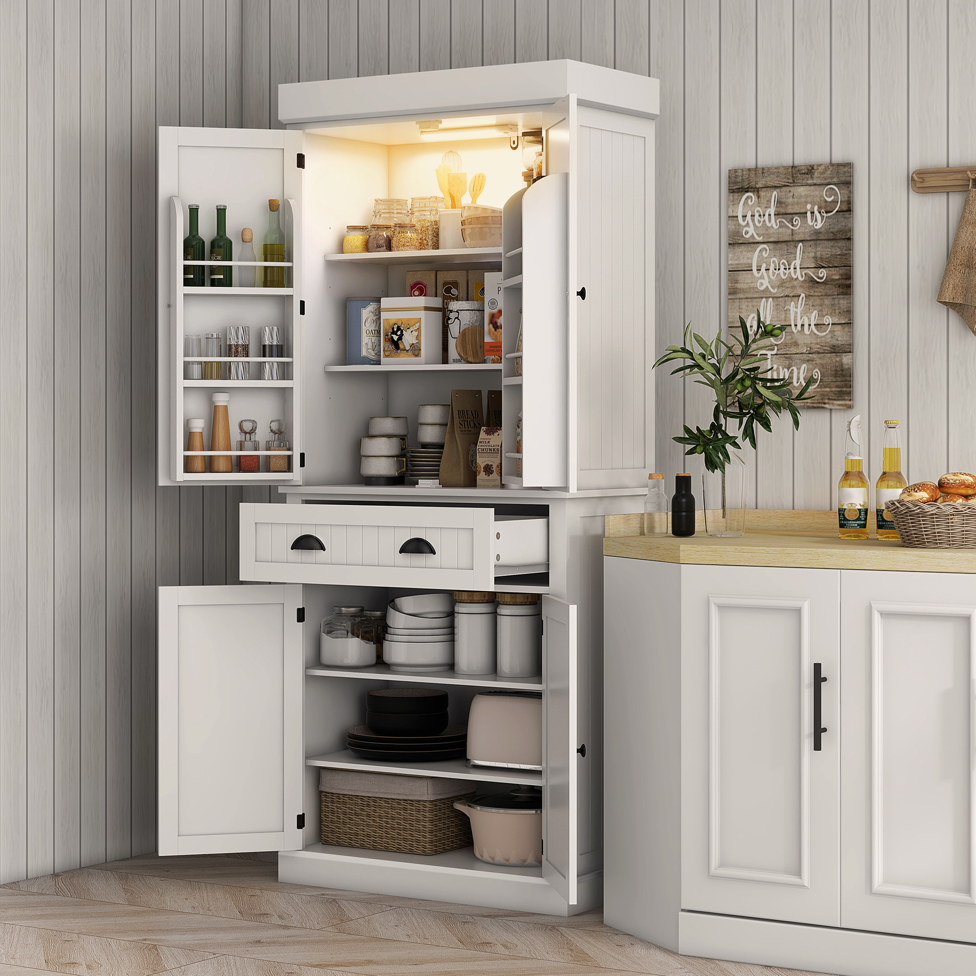 HOMCOM 71" Kitchen Pantry Cabinet with LED Lights, 6 Spice Racks, a Drawer and 4 Adjustable Shelves, White Aosom Canada