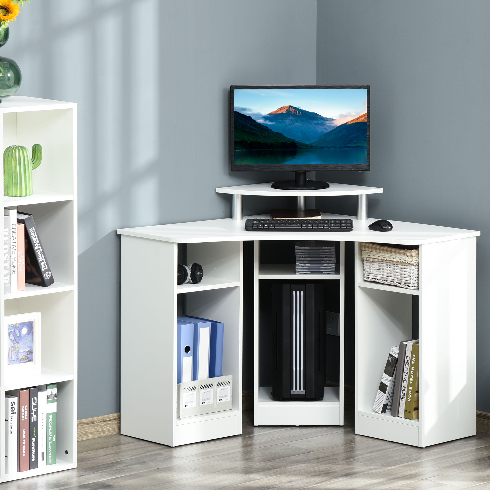 HOMCOM L-Shaped Desk with Monitor Stand Home Office Corner Workstation Small Space Solution White Aosom Canada