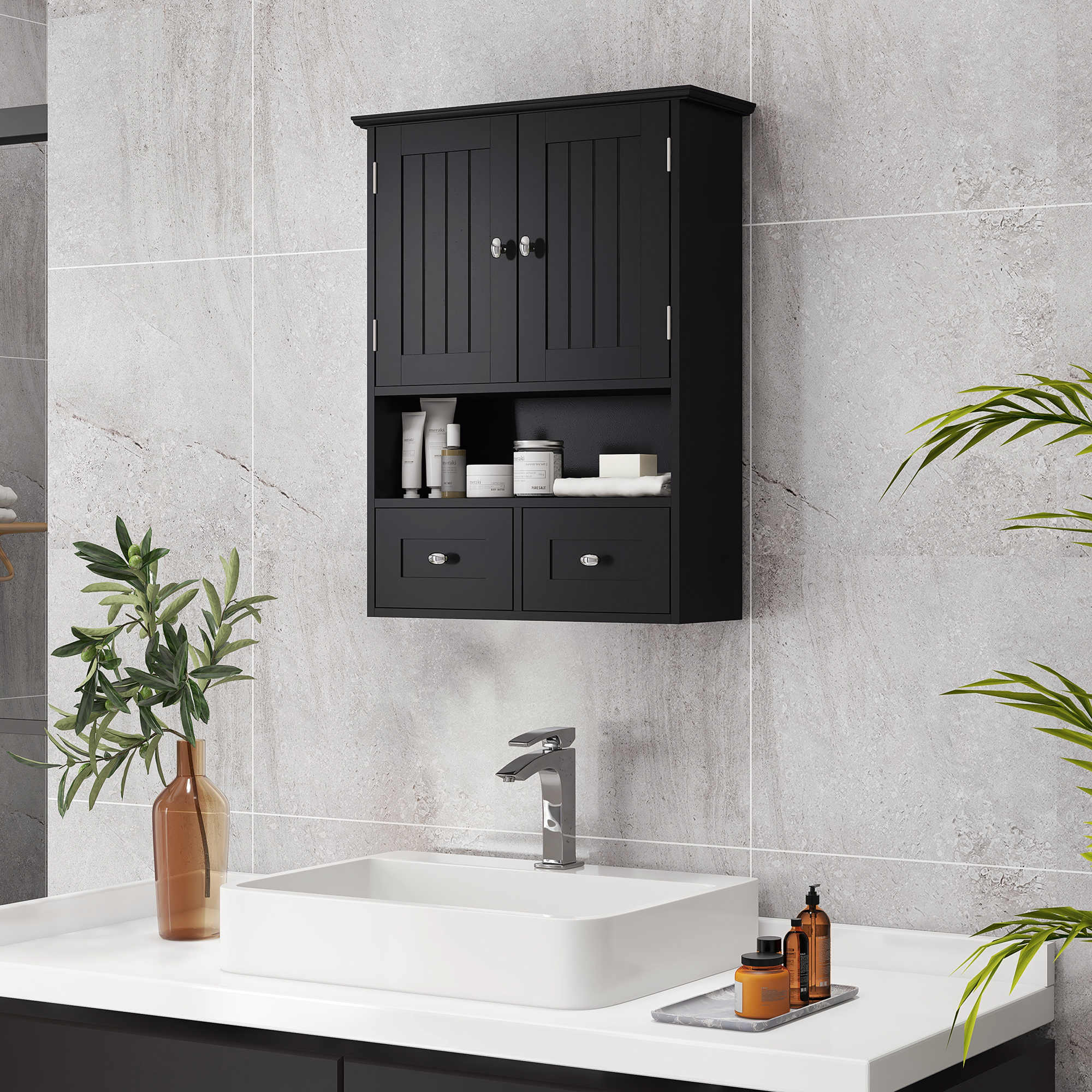 kleankin Bathroom Wall Mount Medicine Cabinet with Shelf Drawers Black Hallway Living Room Storage Aosom Canada