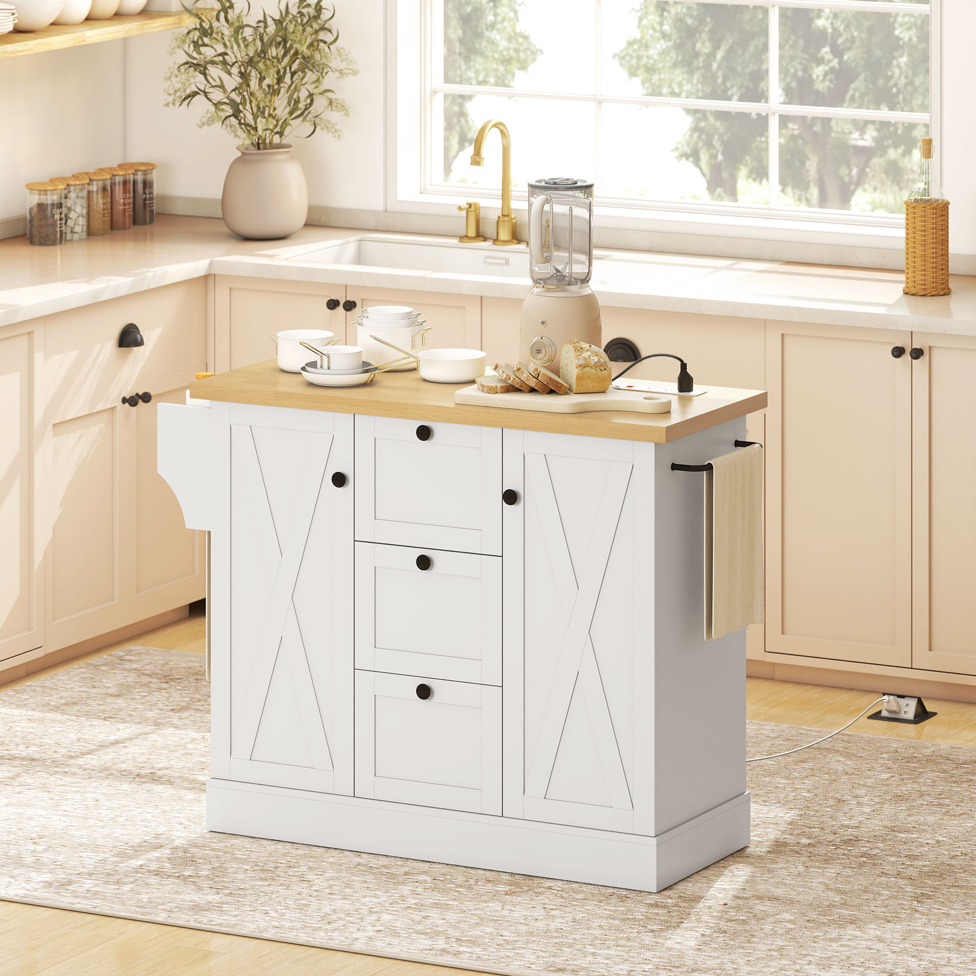 HOMCOM Moveable Kitchen Island with Power Outlet and Soft-Close Doors, 49" Kitchen Island Cart with 3 Drawers, White Aosom Canada