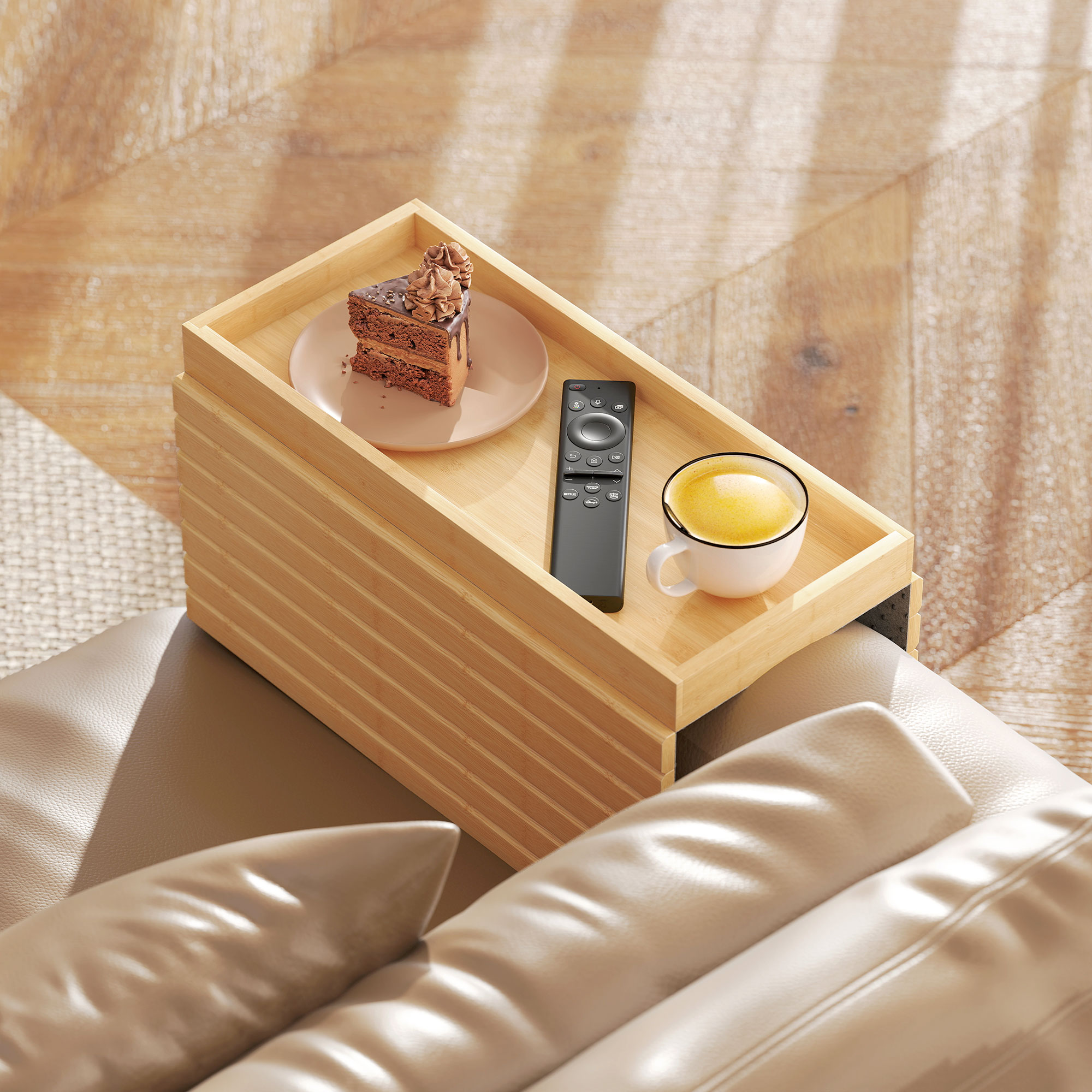 HOMCOM Bamboo Couch Arm Tray, Sofa Armrest Tray with Flexible Roll-up Design and Wide Compartment, Natural Aosom Canada