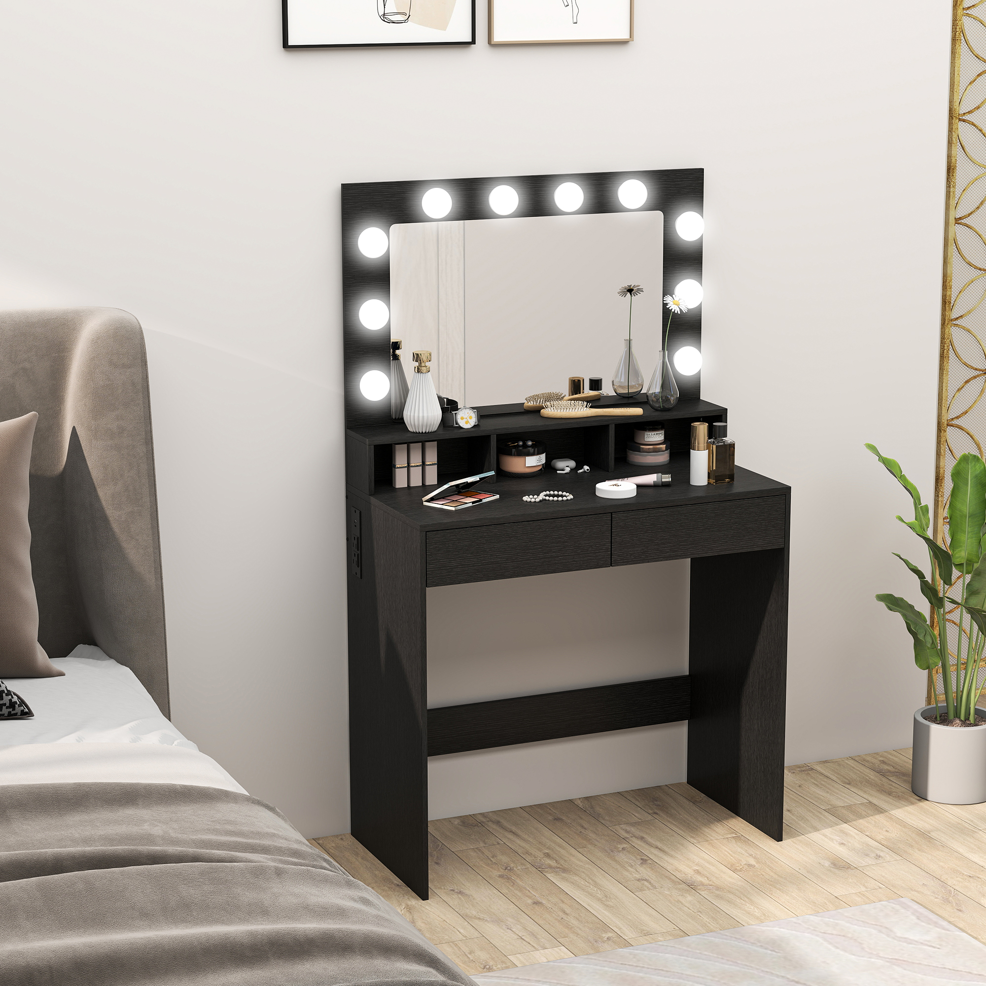 HOMCOM Vanity Table, Makeup Dressing Table with LED Lighting Mirror, Charging Station and Drawers for Bedroom, Black Aosom Canada