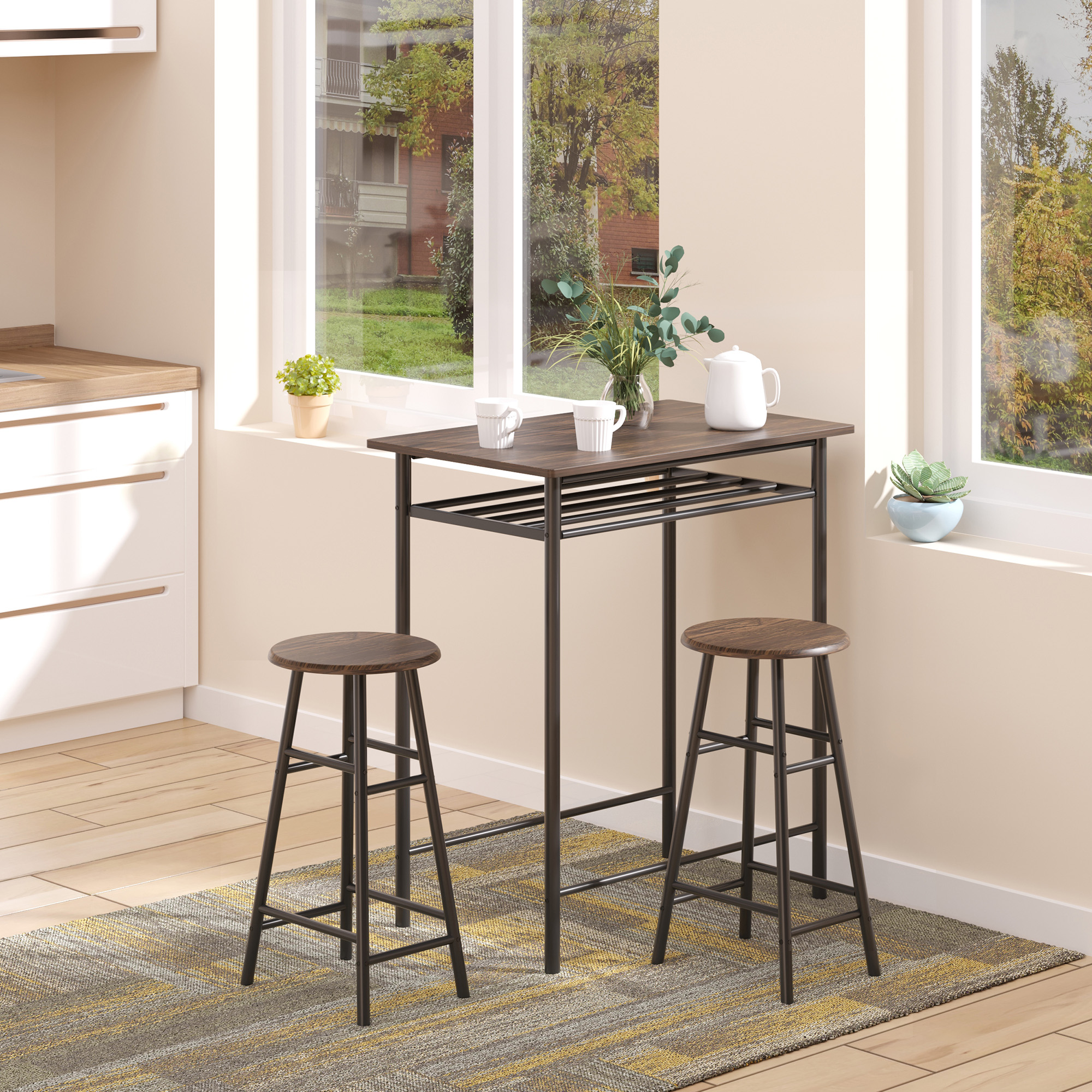 HOMCOM Bar Height Dining Set 3 Piece with Storage Shelf Metal Frame Footrest 1 Table 2 Stools for Kitchen Black Aosom Canada