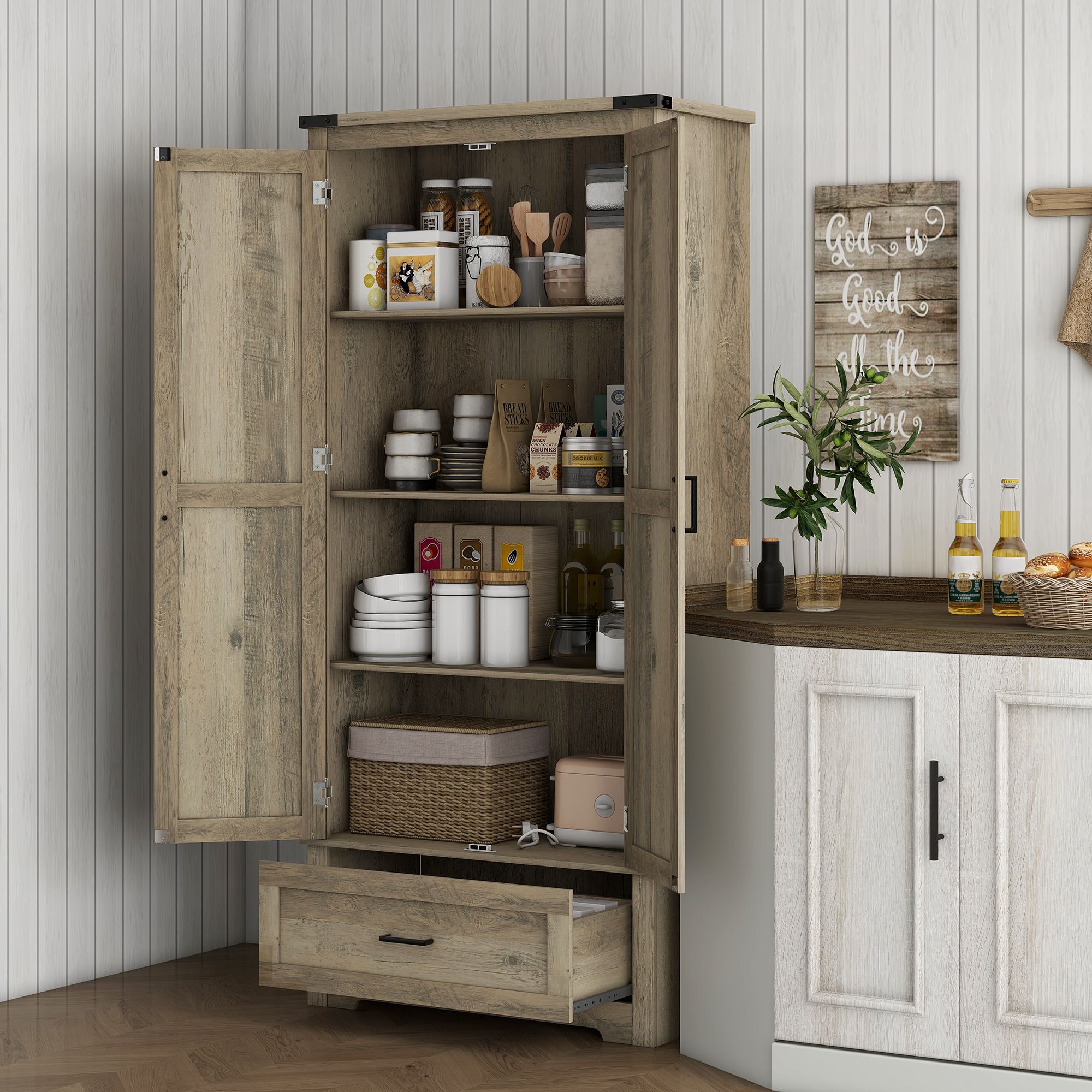 HOMCOM 69" Tall Farmhouse Kitchen Pantry Cabinet with 2 Doors, Drawer and Adjustable Shelves for Dining Room, Grey Aosom Canada
