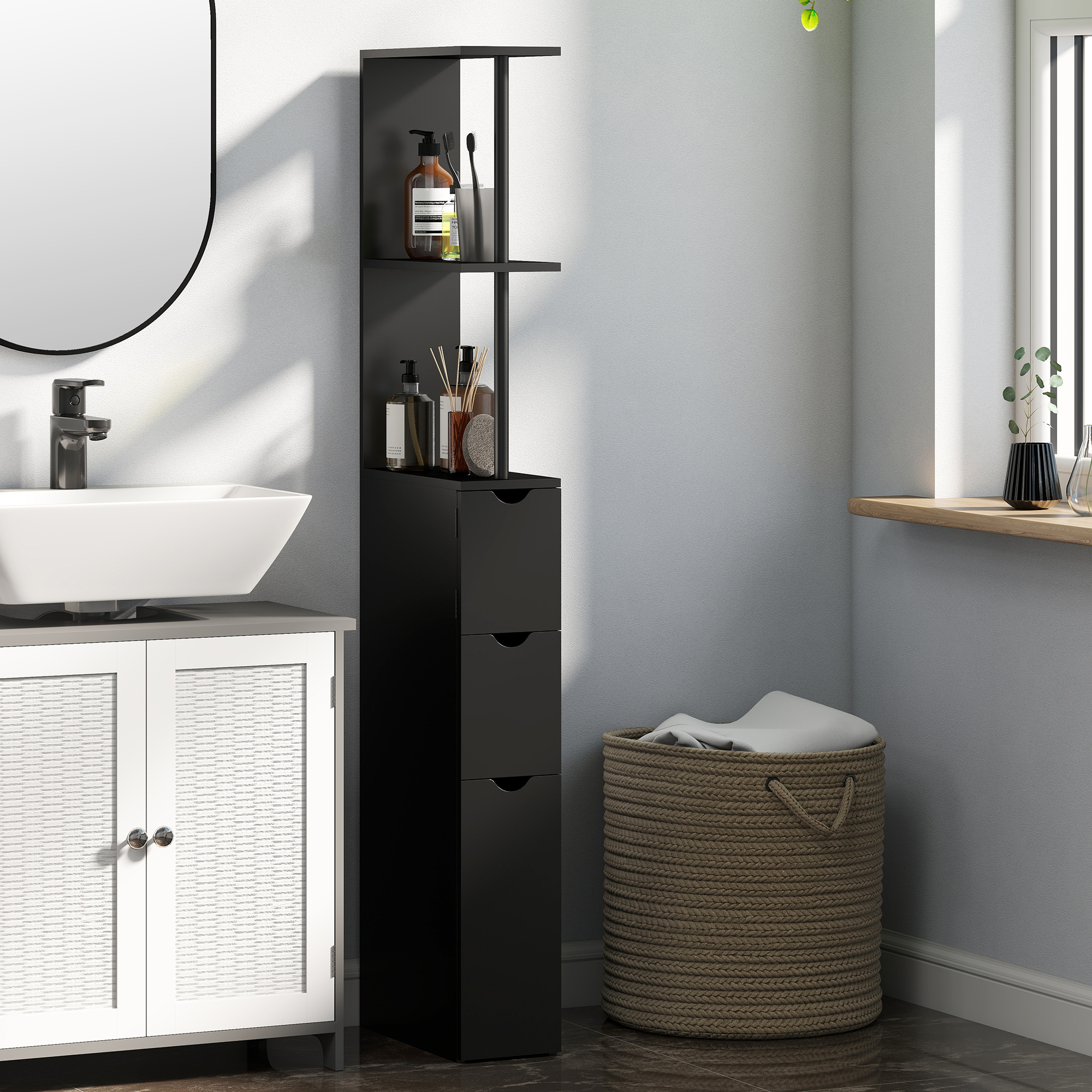 HOMCOM Tall Bathroom Storage Cabinet, Narrow Bathroom Cabinet with Drawers and Open Shelves for Small Spaces, Black Aosom Canada
