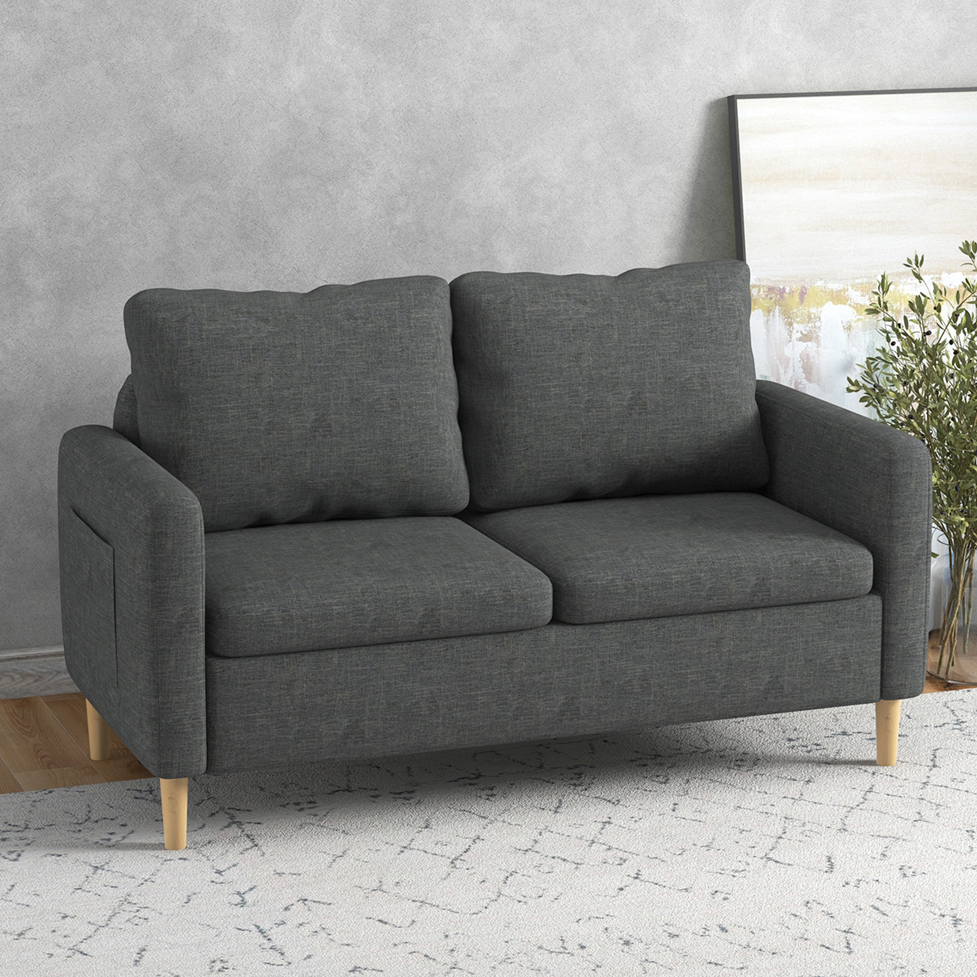 HOMCOM 56" 2 Seat Sofa, Modern Love Seats Furniture, Upholstered 2 Seater Couch with Side Pockets, Solid Wood Frame, Grey Aosom Canada
