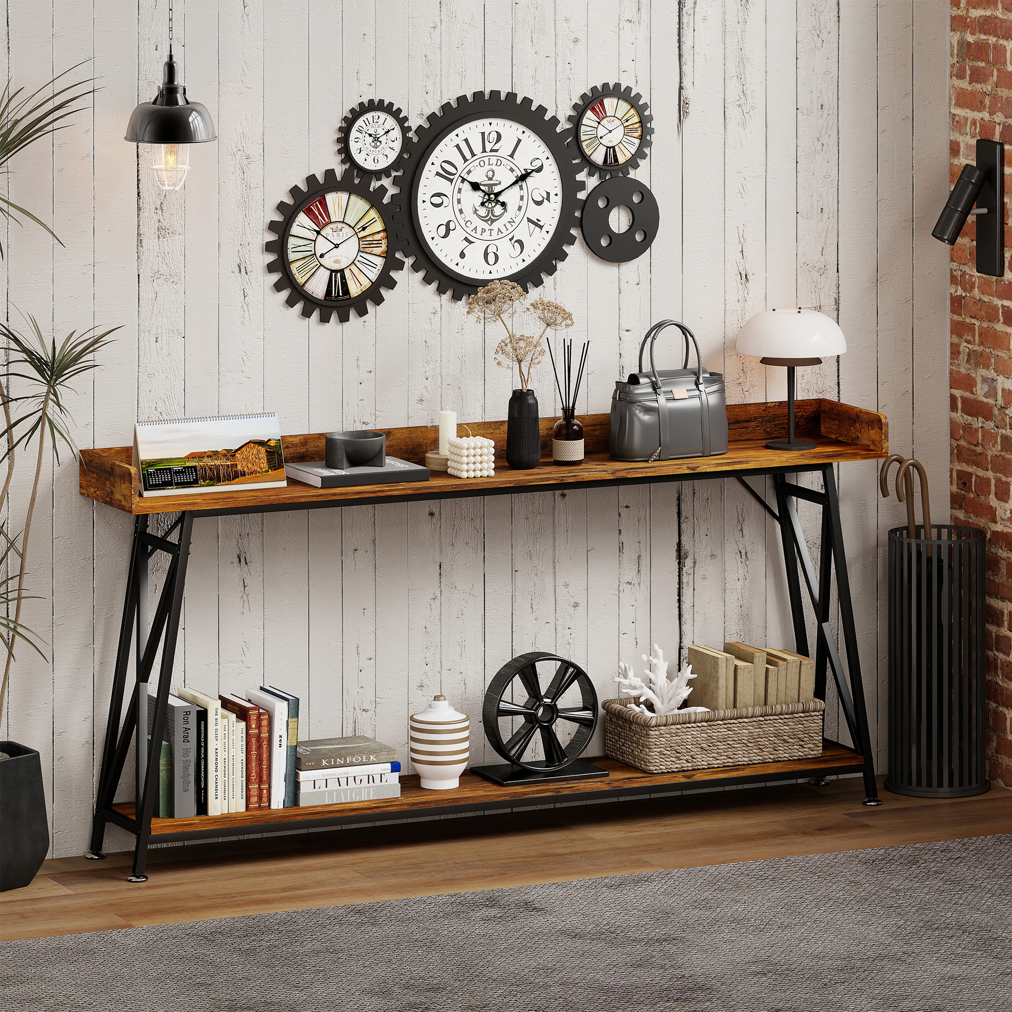 HOMCOM Console Table Industrial 71 Inch Extra Long with Storage Shelf and Guardrails for Entryway Living Room Rustic Brown Aosom Canada