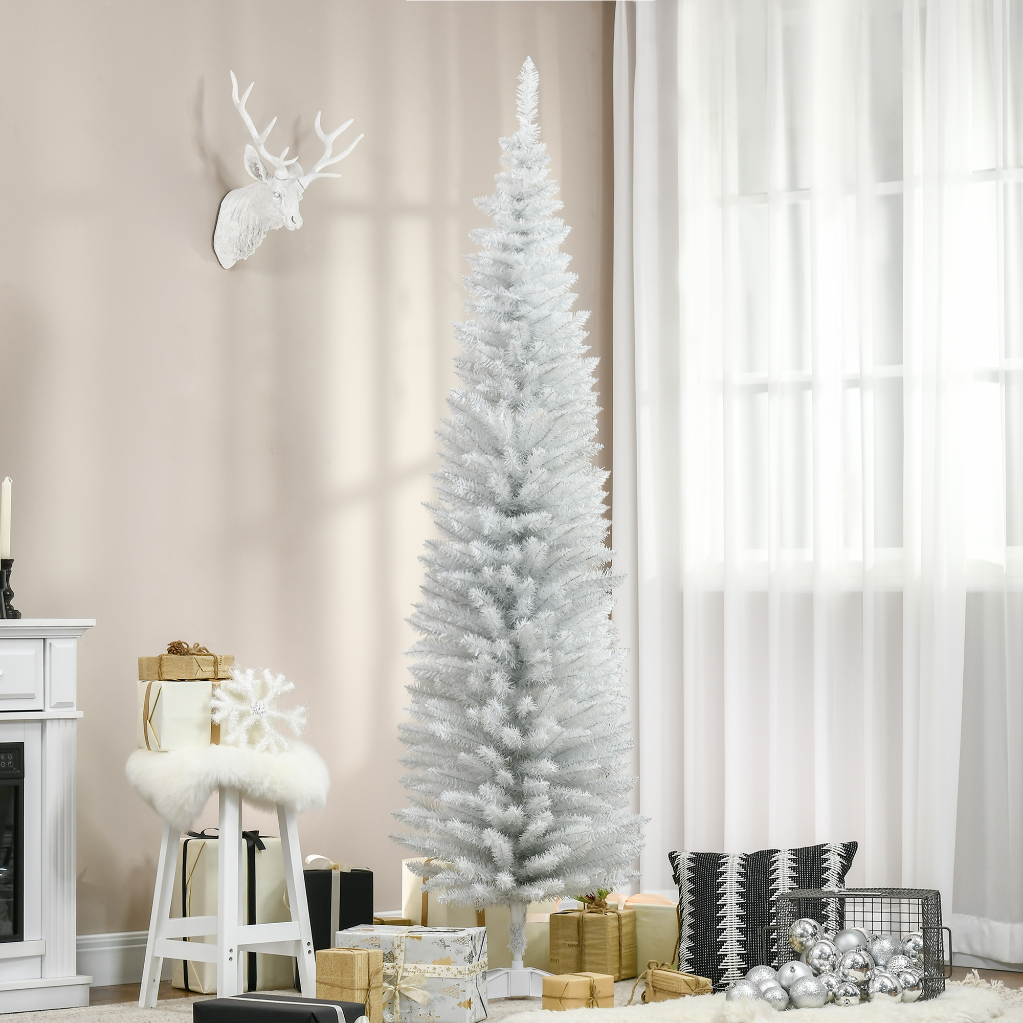 HOMCOM 7' Pencil Christmas Tree, Slim Artificial Xmas Tree with Realistic Branches, Sturdy Metal Stand, White Aosom Canada