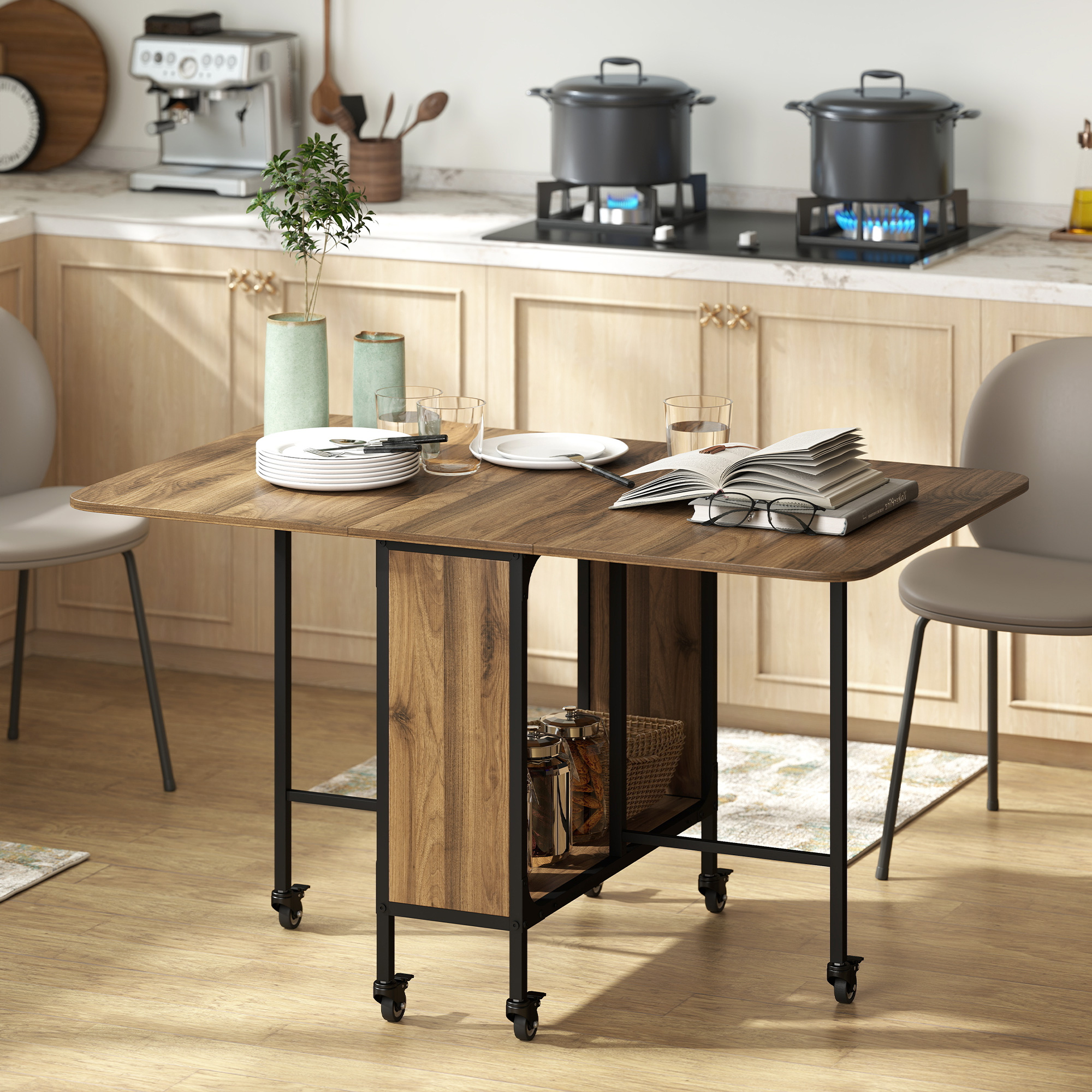HOMCOM Mobile Folding Extendable Dining Table for Small Spaces Storage Shelf 6 Wheels Space-Saving Design Aosom Canada