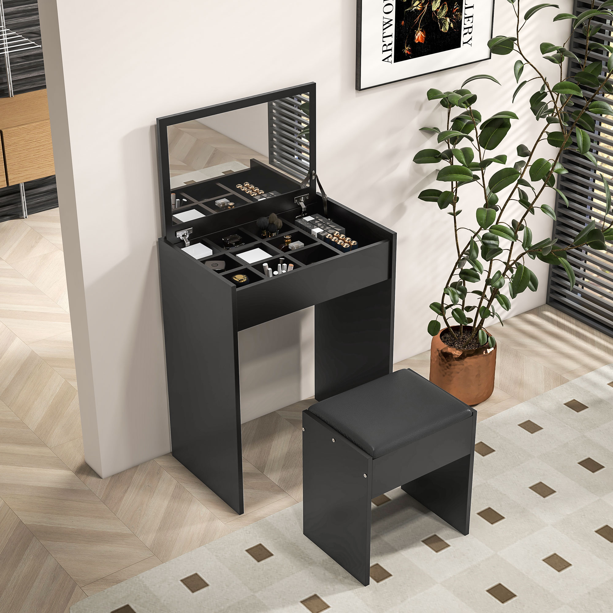 HOMCOM Modern Vanity Set with Makeup Table and Cushioned Stool, Dressing Table with Flip Top and Mirror for Bedroom, Black Aosom Canada