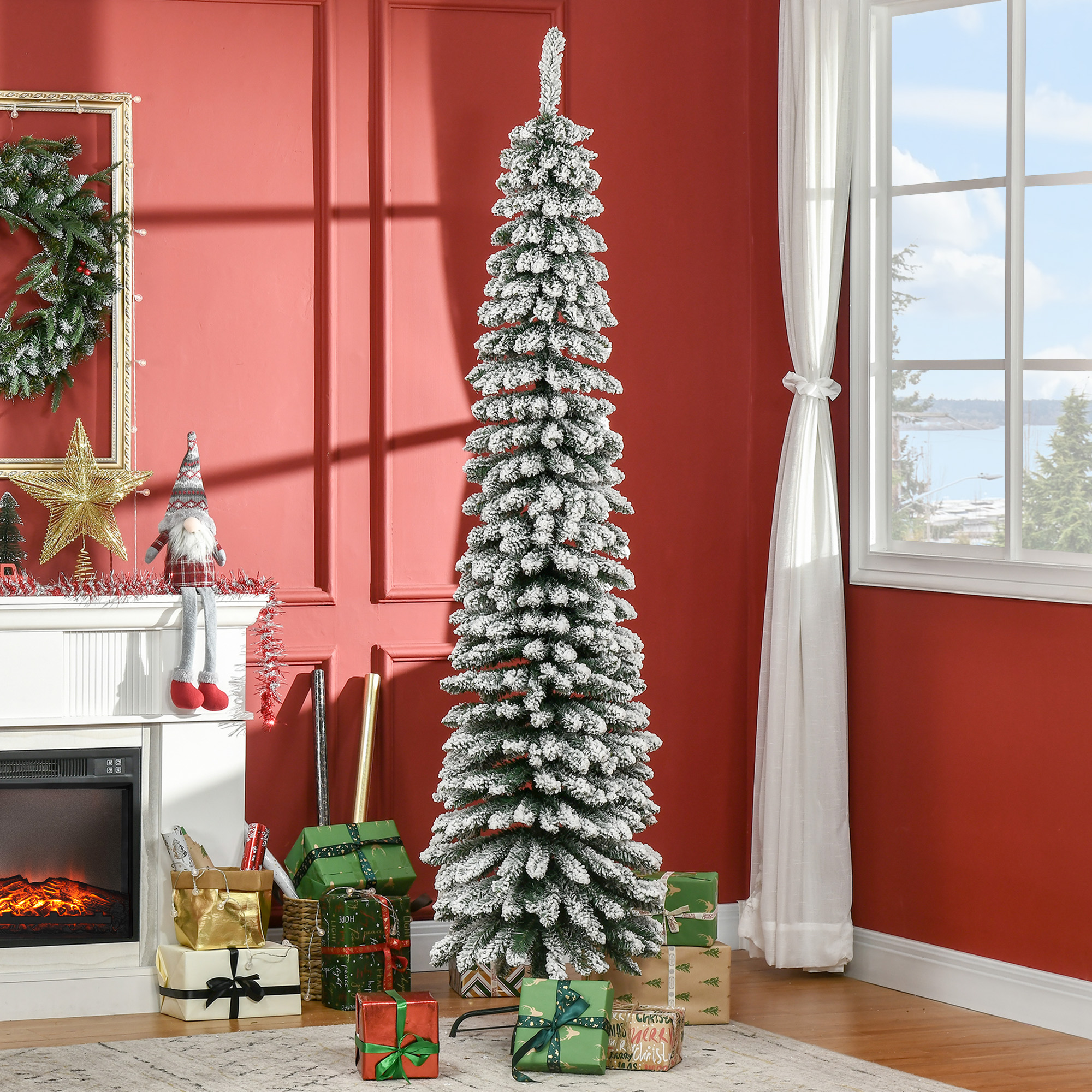 HOMCOM 7 Foot Snow-Flocked Artificial Christmas Tree, Slim Pencil Xmas Tree with 490 Realistic Branches, Metal Base, Green Aosom Canada