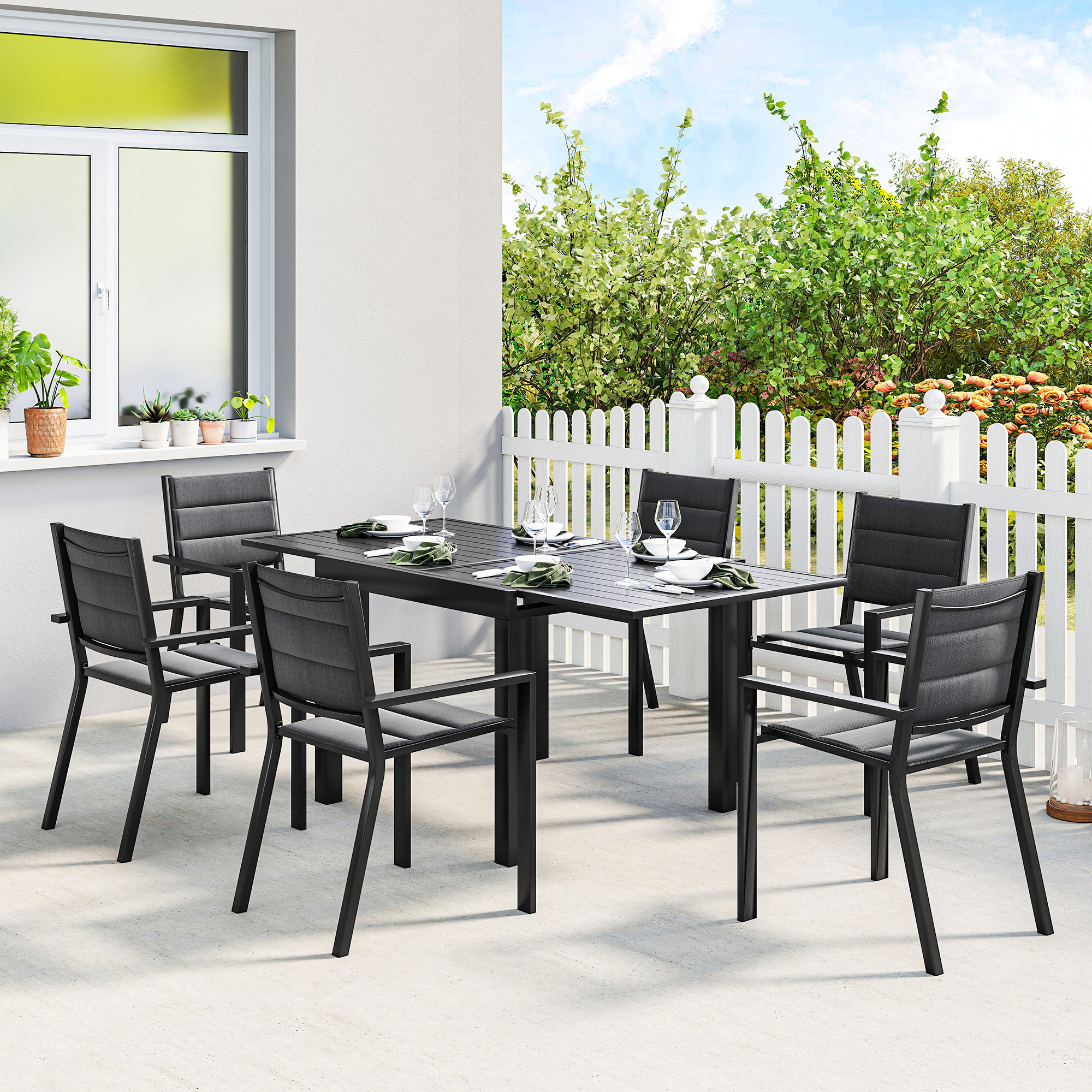 Outsunny Patio Dining Set for 6, Aluminum Expandable Outdoor Table and 6 Stackable Chairs with Padded Back, Mesh Seat, Black Aosom Canada
