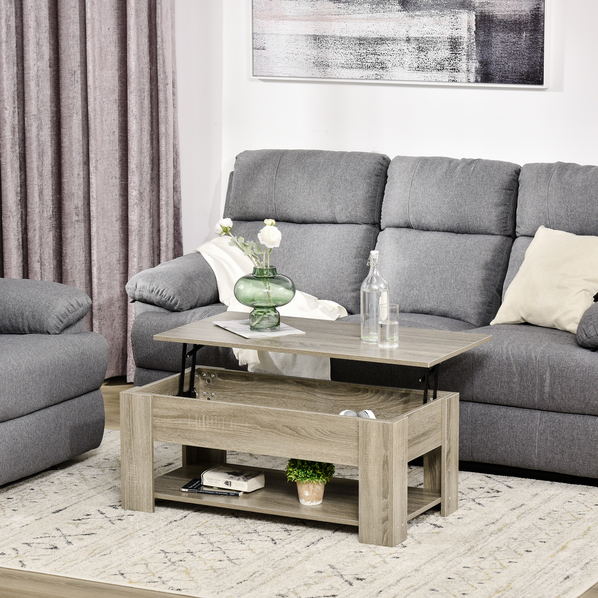 HOMCOM Grey Lift Top Coffee Table: Center Table with Hidden Storage and Open Shelf for Living Room Aosom Canada