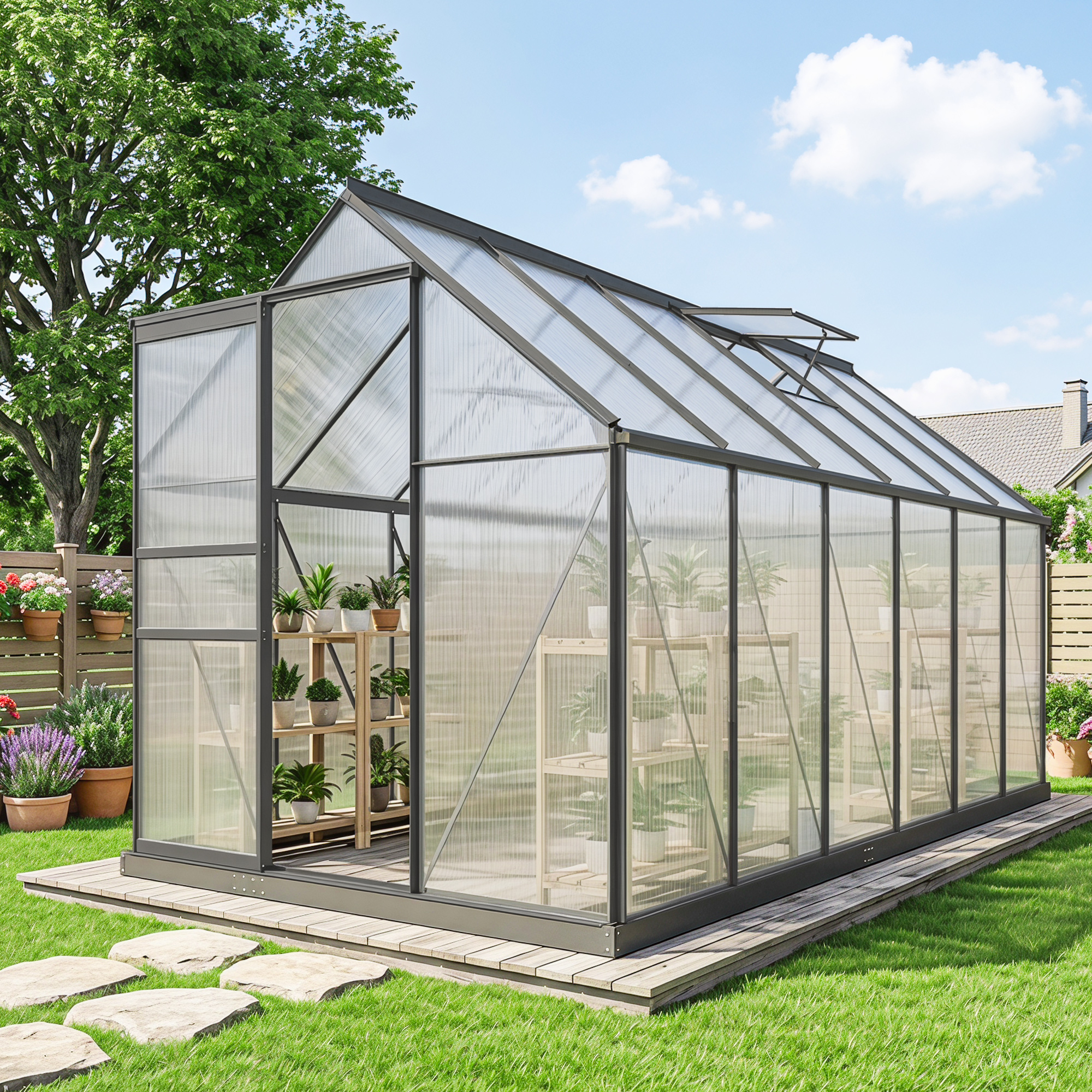 Outsunny 6' x 12' x 6.5' Polycarbonate Greenhouse, Walk-in Green House with Adjustable Roof Vent Galvanized Base Sliding Door Rain Gutter for Outdoor Garden Backyard, Charcoal Grey Aosom Canada