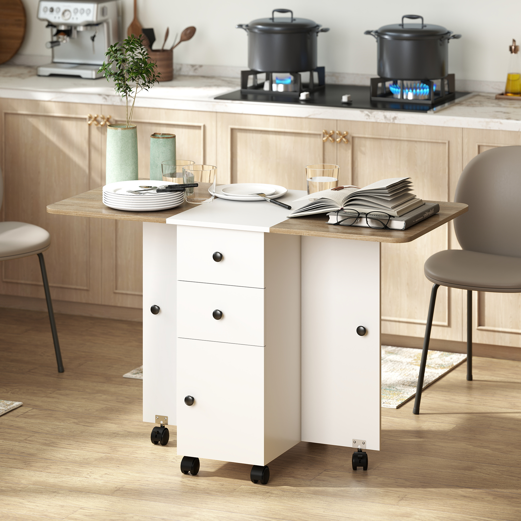 HOMCOM Drop Leaf Dining Table, Mobile Folding Table on Wheels with Drawers and Cabinet for Dining Room, Kitchen, White and Oak Aosom Canada