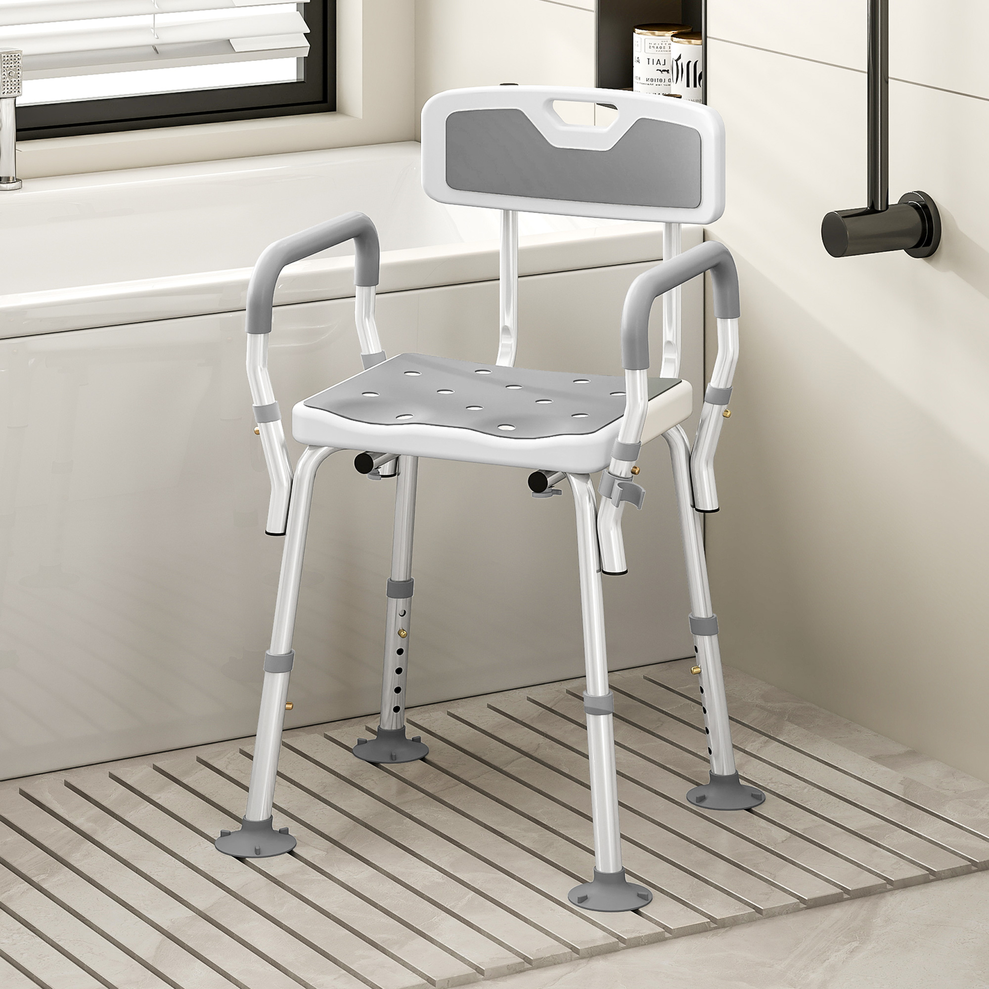 HOMCOM Adjustable Shower Chair with Arms Back and Padded Seat, Light Grey Aosom Canada