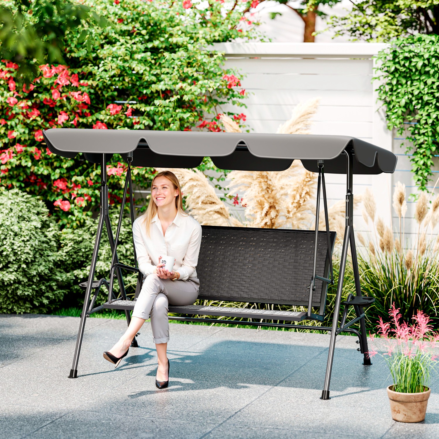 Outsunny 3-Seat Patio Swing Chair, Outdoor Canopy Swing Glider with Adjustable Shade, Grey Aosom Canada
