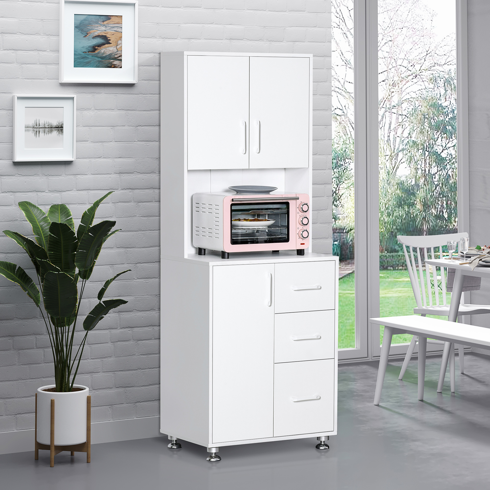 HOMCOM White 59" Kitchen Pantry Buffet: Modern Server with Hutch, Storage Cabinet, 3 Drawers and Open Countertop Aosom Canada