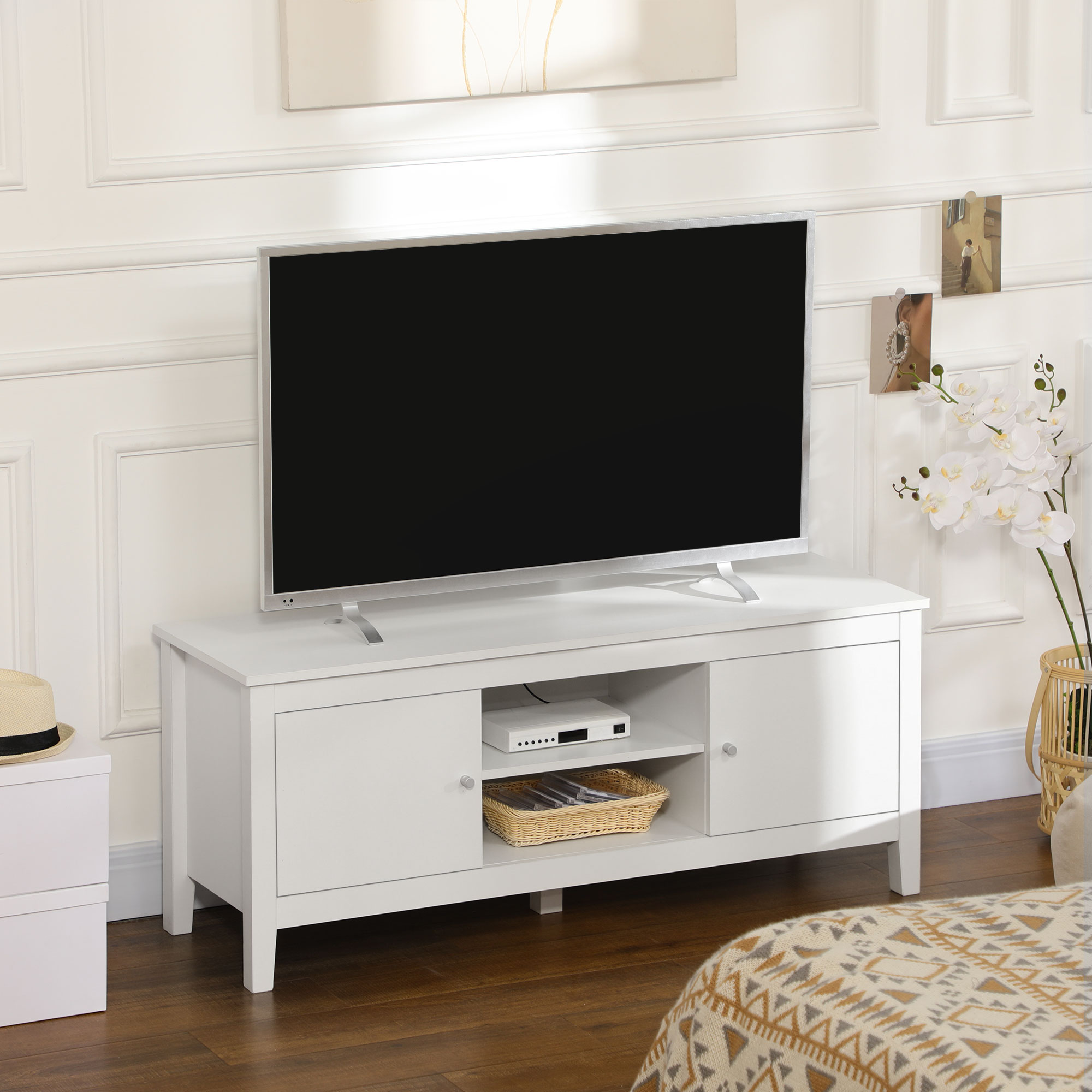 HOMCOM Modern White TV Stand for 55" TVs with Storage Cupboards Shelves Minimalist Living Room Furniture Aosom Canada