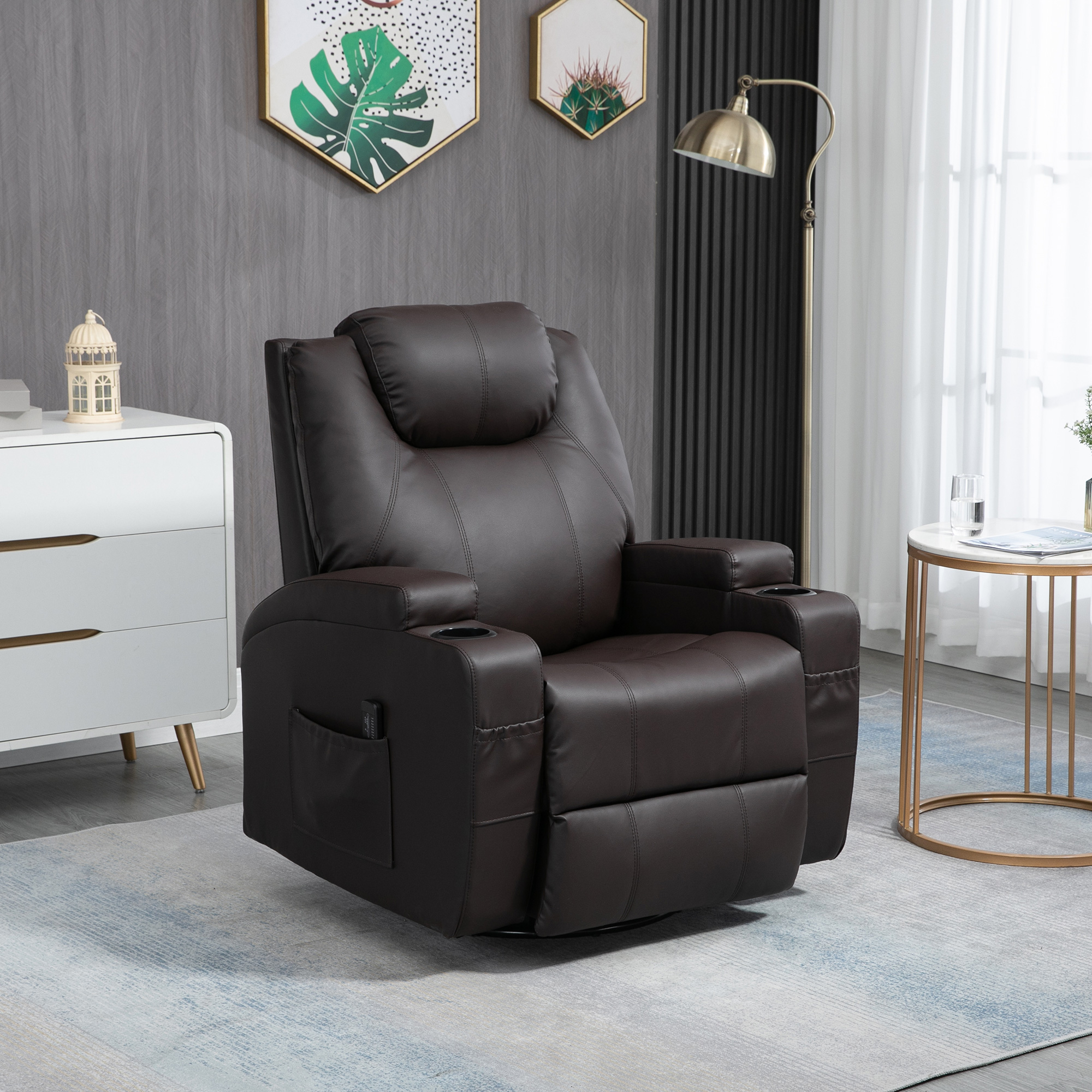 HOMCOM Recliner, 360 Degree Swivel Seat with Massage, Vibration Remote Control and Dual Cup Holders, Brown Aosom Canada