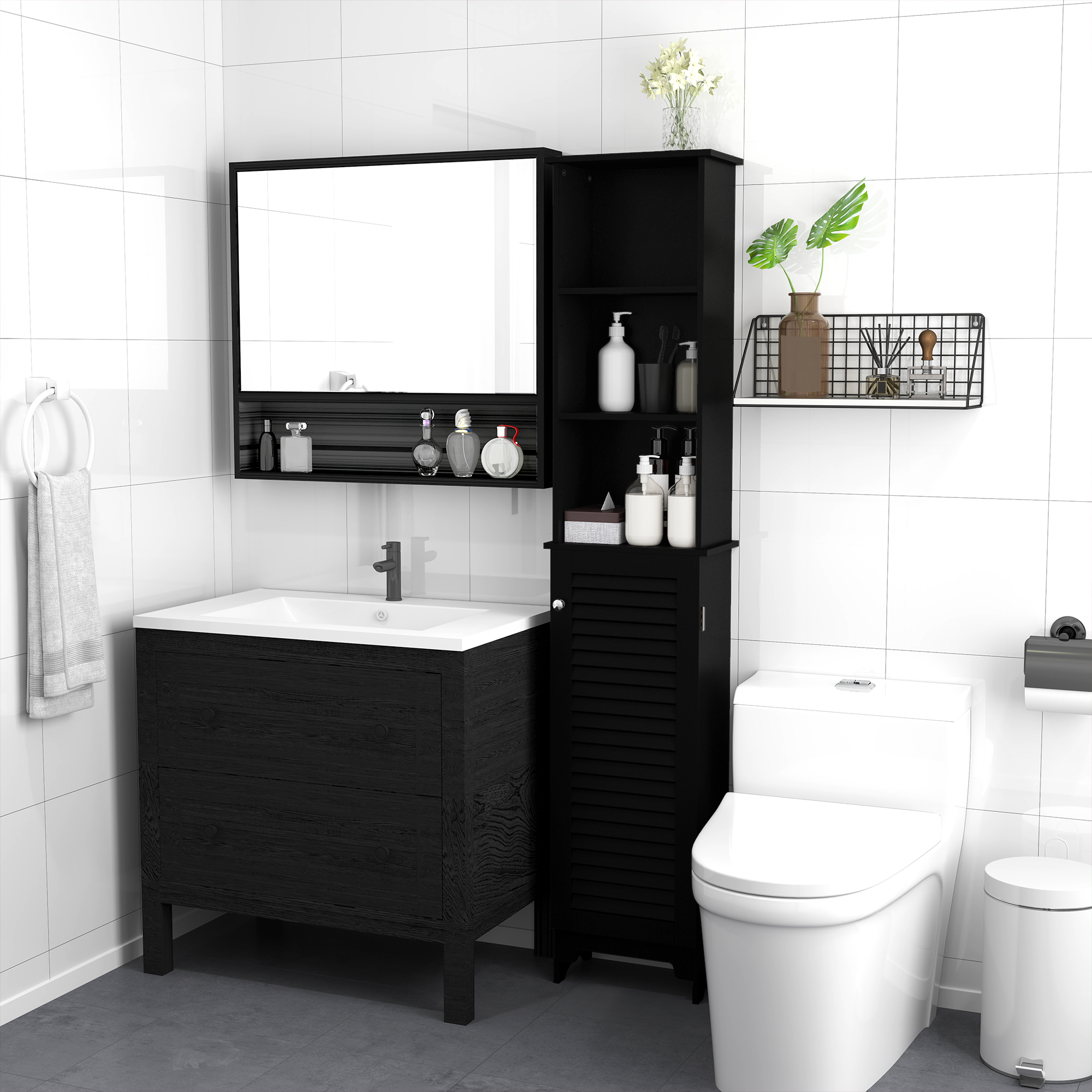 HOMCOM Tall Bathroom Storage Cabinet, Freestanding Linen Tower with 3-Tier Open Adjustable Shelf, Black Aosom Canada