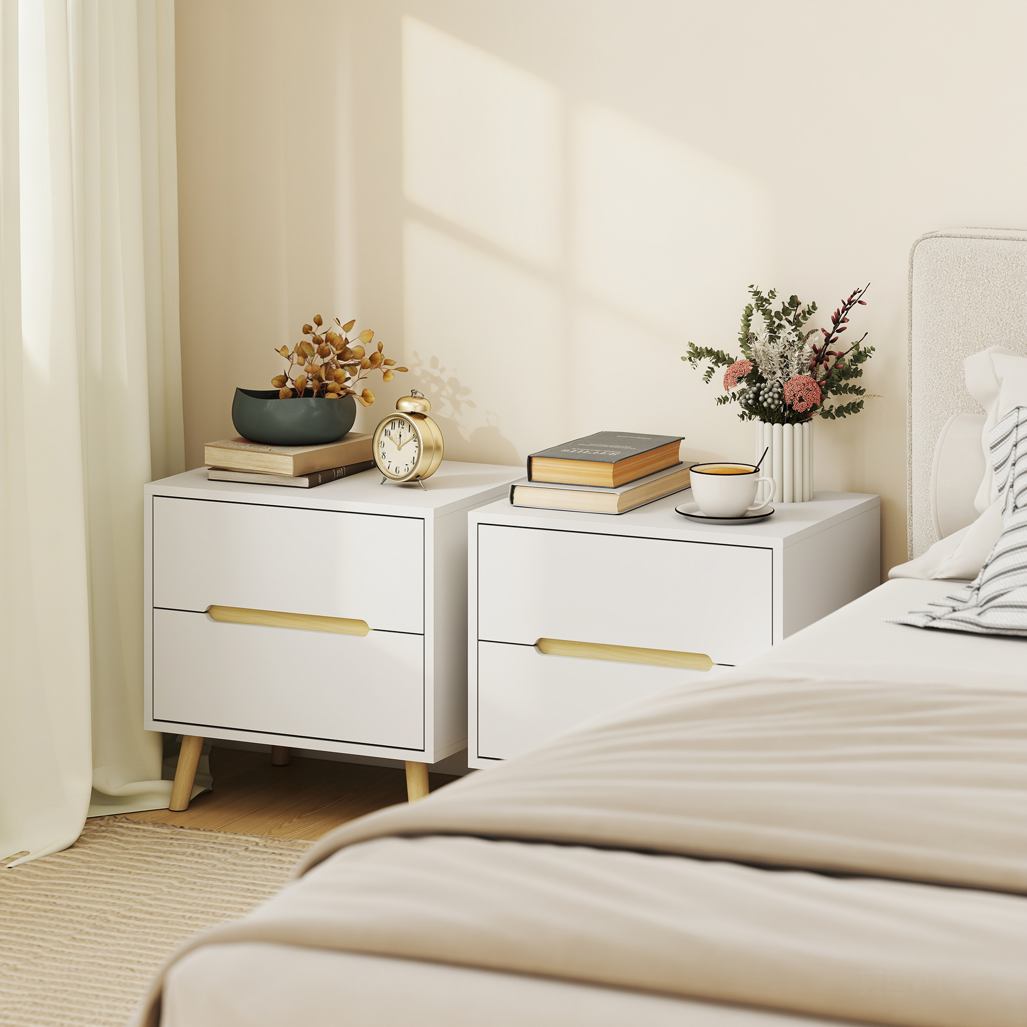 HOMCOM Nightstands Set of 2, Bedside Table with 2 Drawers, Modern Side End Table with Solid Wood Legs for Bedroom, White Aosom Canada