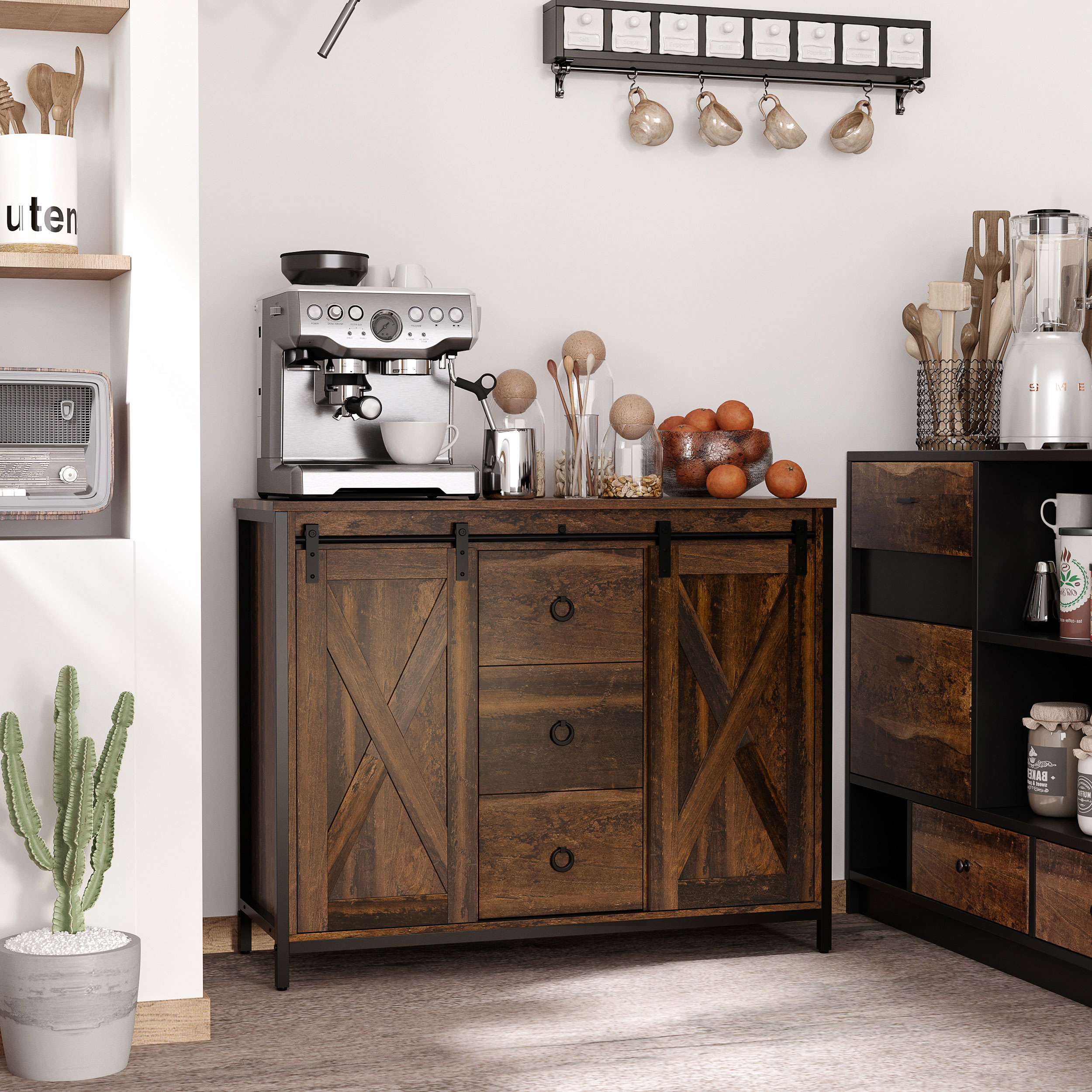 HOMCOM Buffet Cabinet, Industrial Cabinet with Sliding Barn Doors, 3 Drawers & Adjustable Shelves, Rustic Brown Aosom Canada