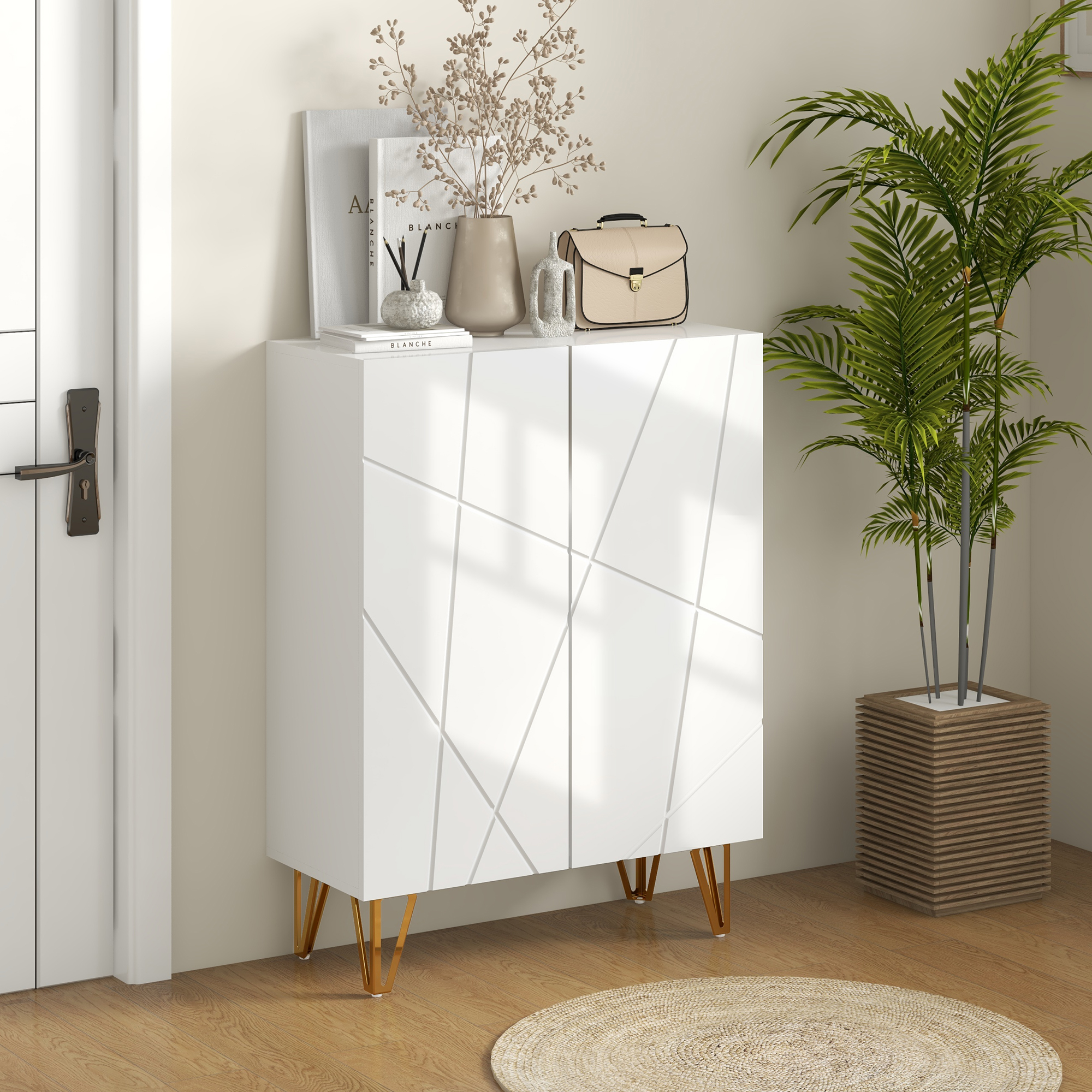 HOMCOM Narrow Shoe Storage Cabinet with Soft-Close Hinges and Adjustable Shelves for 15-20 Pairs of Shoes, High Gloss White Aosom Canada